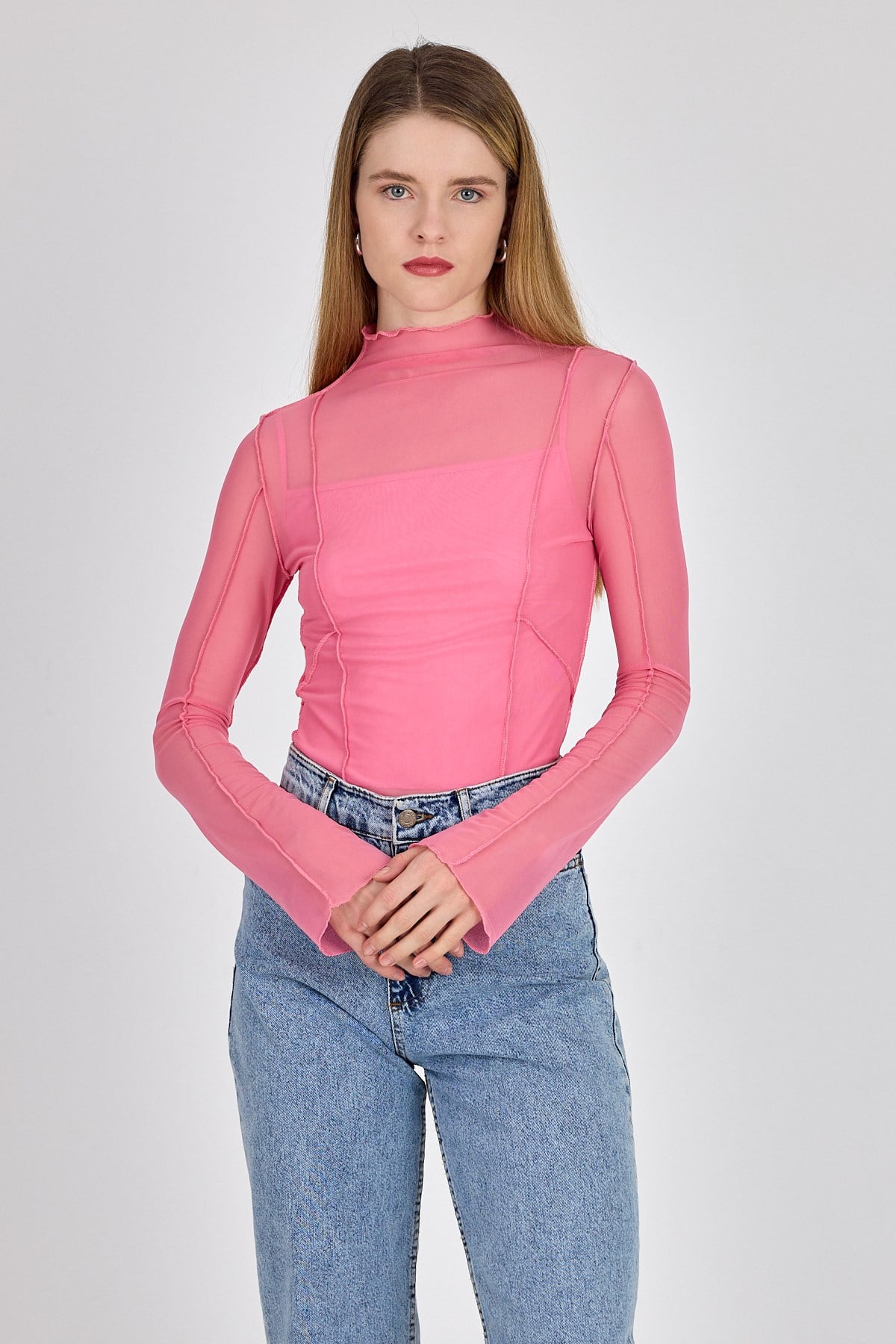 Pembe Dikiş Detaylı Uzun Kollu Tül Bluz 233163