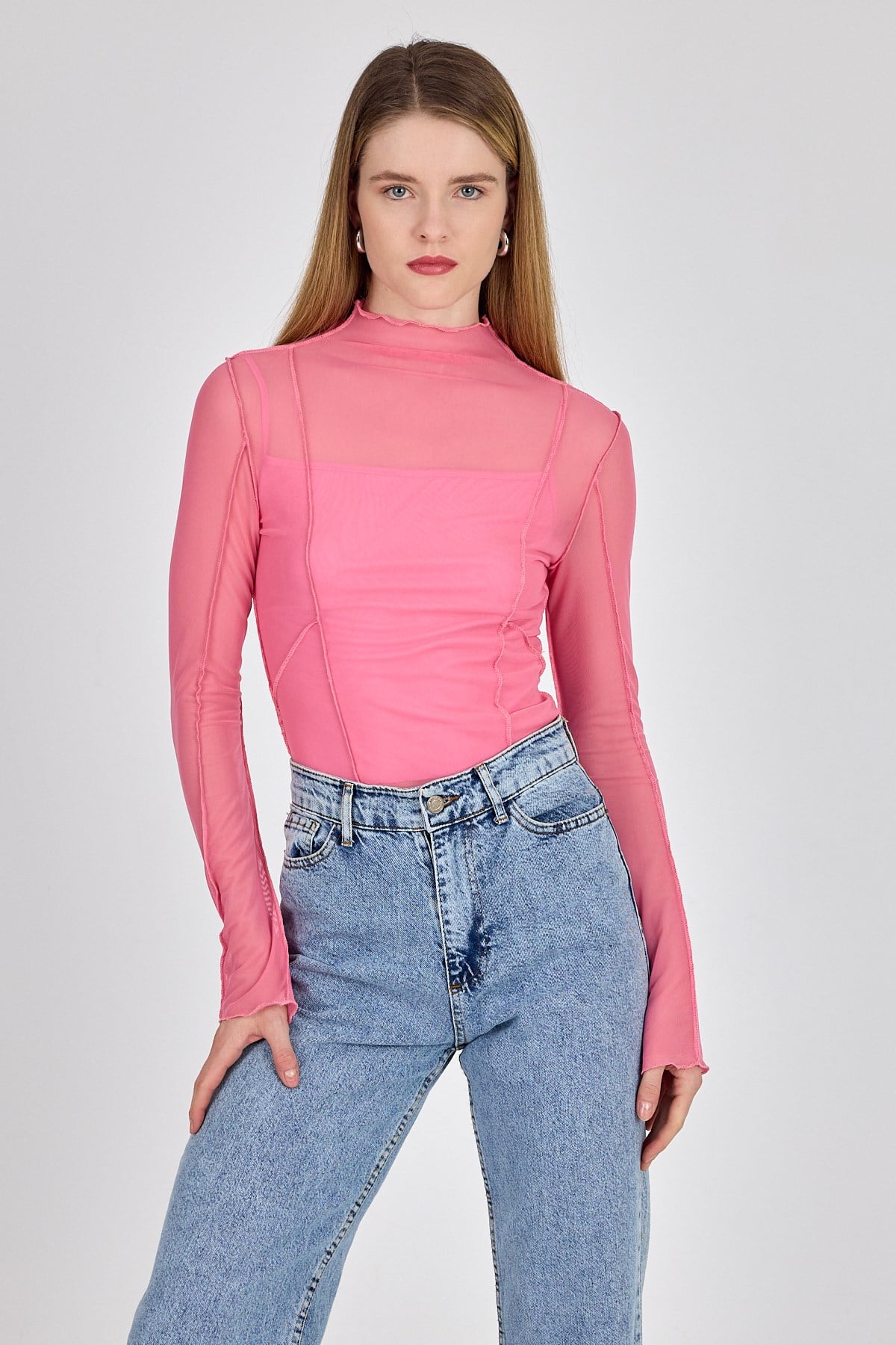 Pembe Dikiş Detaylı Uzun Kollu Tül Bluz 233163