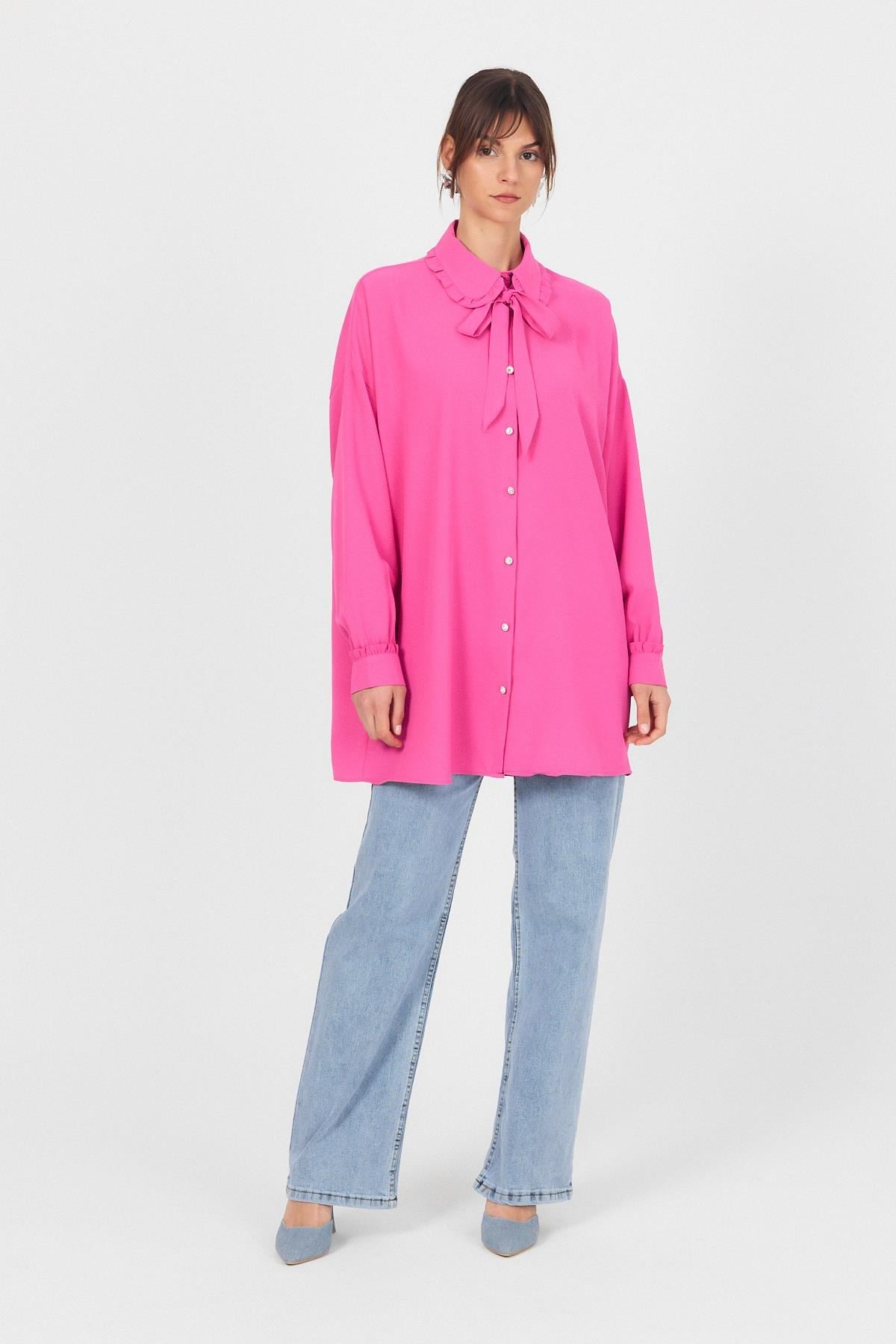 Pembe Fırfır Yaka Detaylı Bağlamalı Tunik 4586A