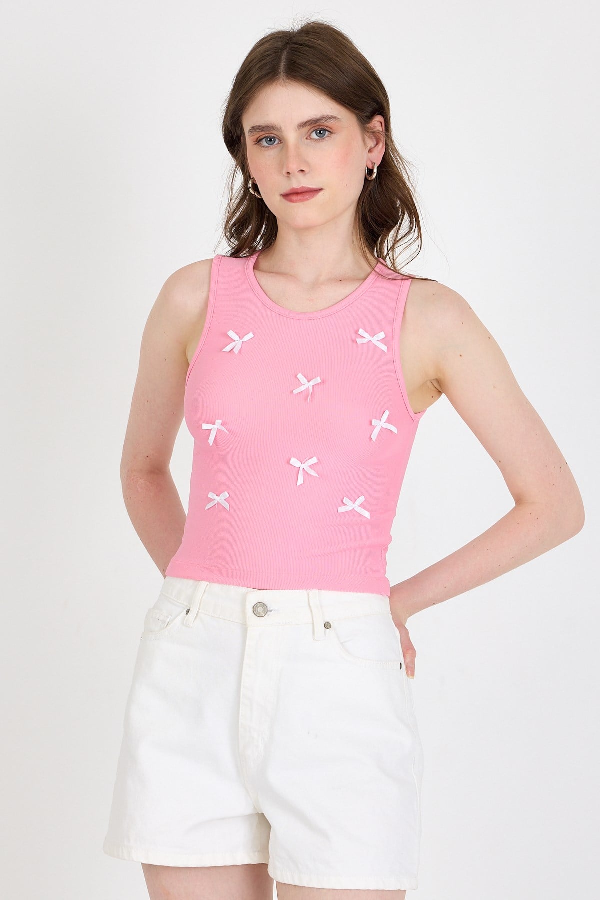 Pembe Fiyonk İşlemeli Crop Örme Atlet 0849