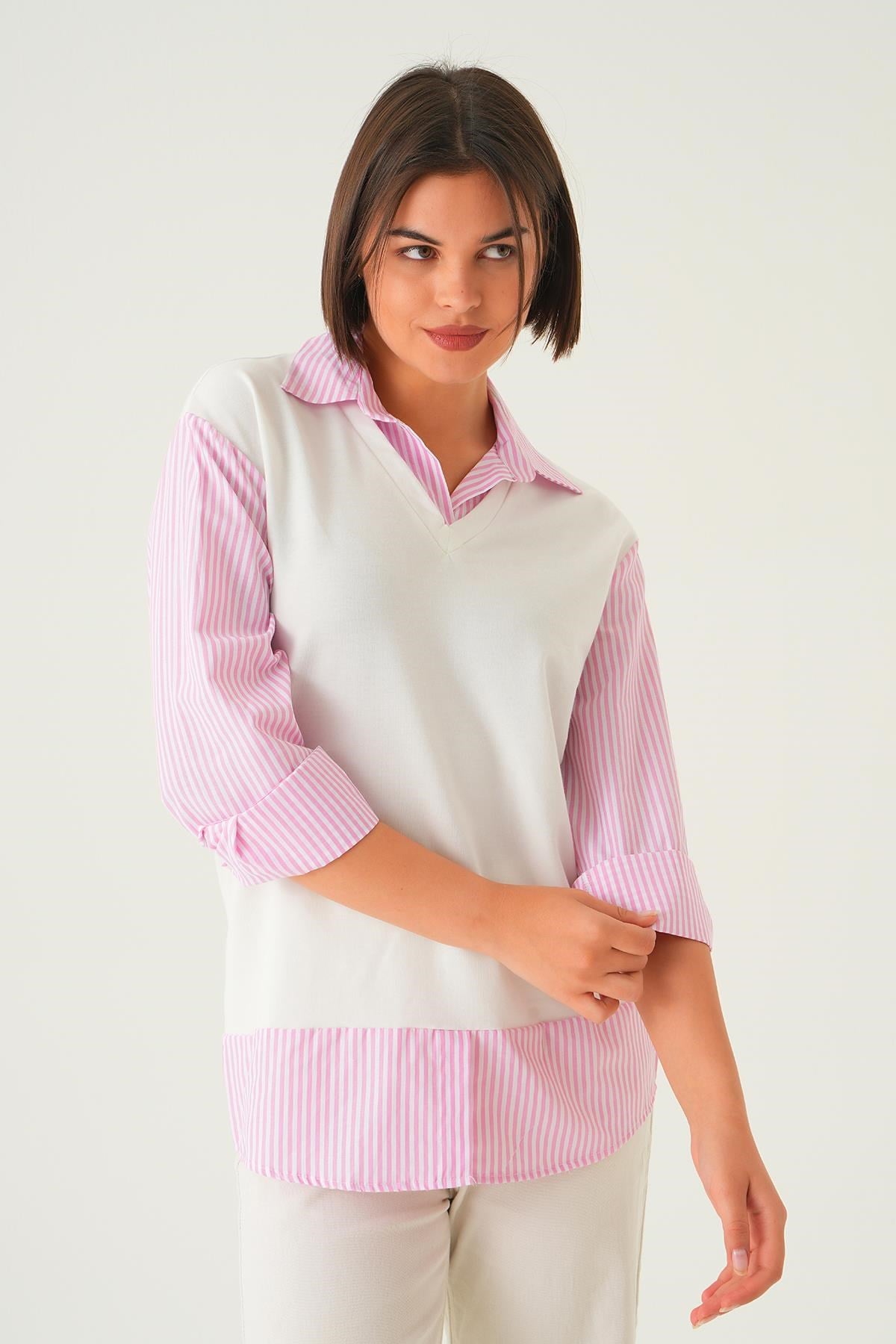 Pembe Gömlek Detay Bluz 21521