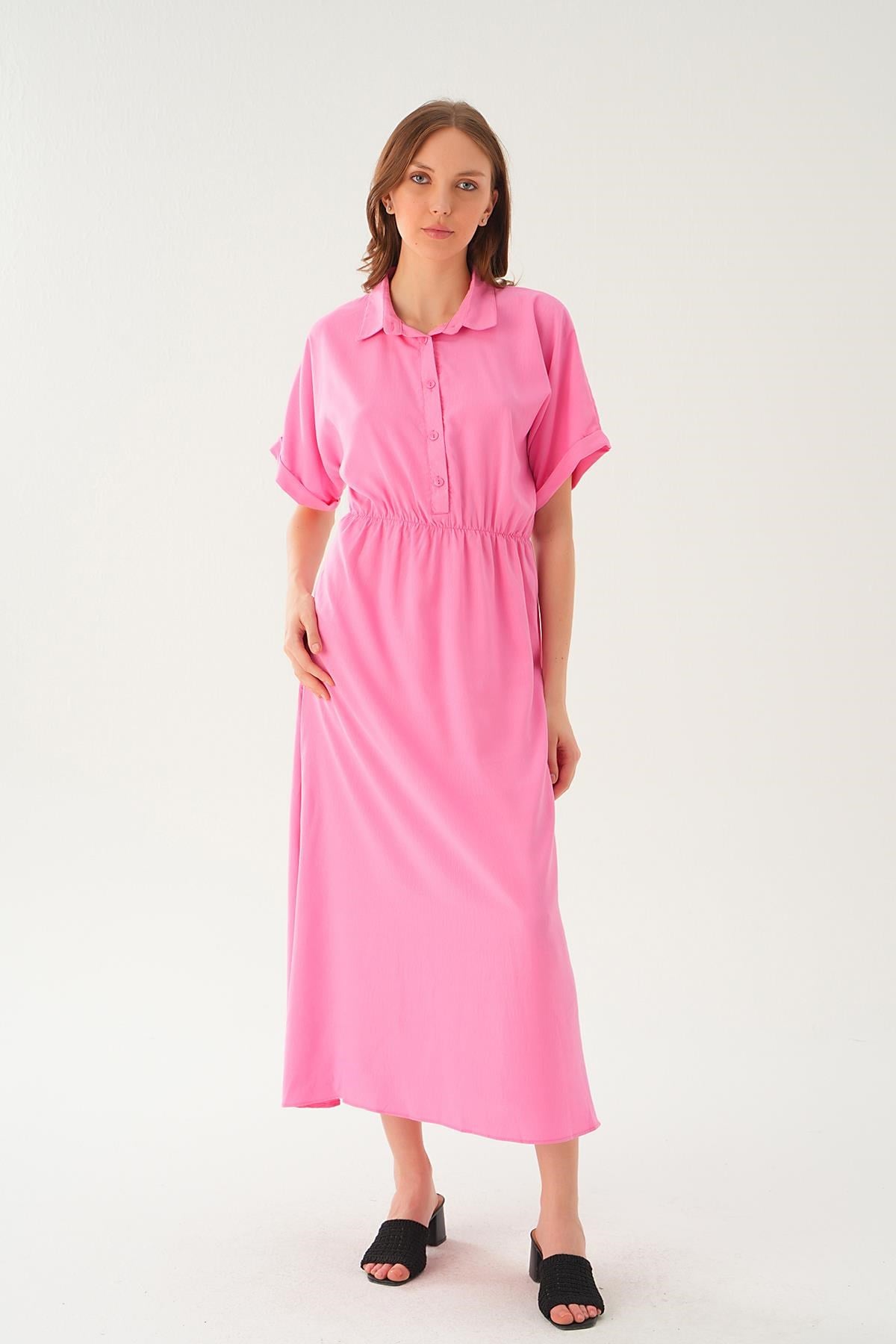 Pembe Gömlek Yaka Elbise 8663