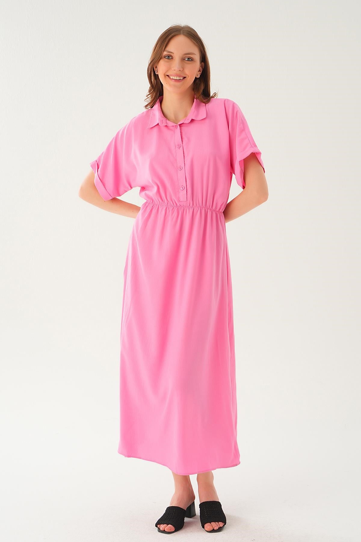 Pembe Gömlek Yaka Elbise 8663