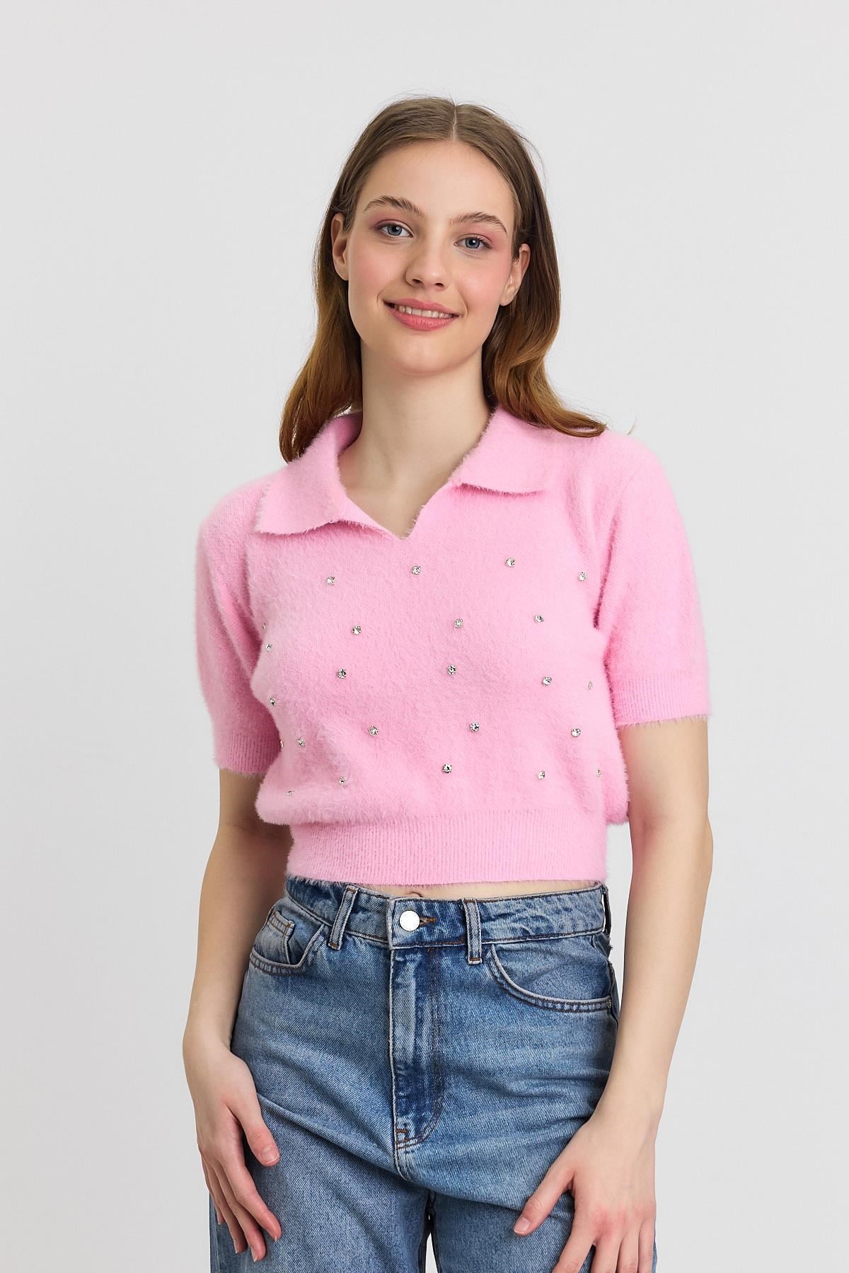 Pembe İnci Detay Yumoş Kazak 6625