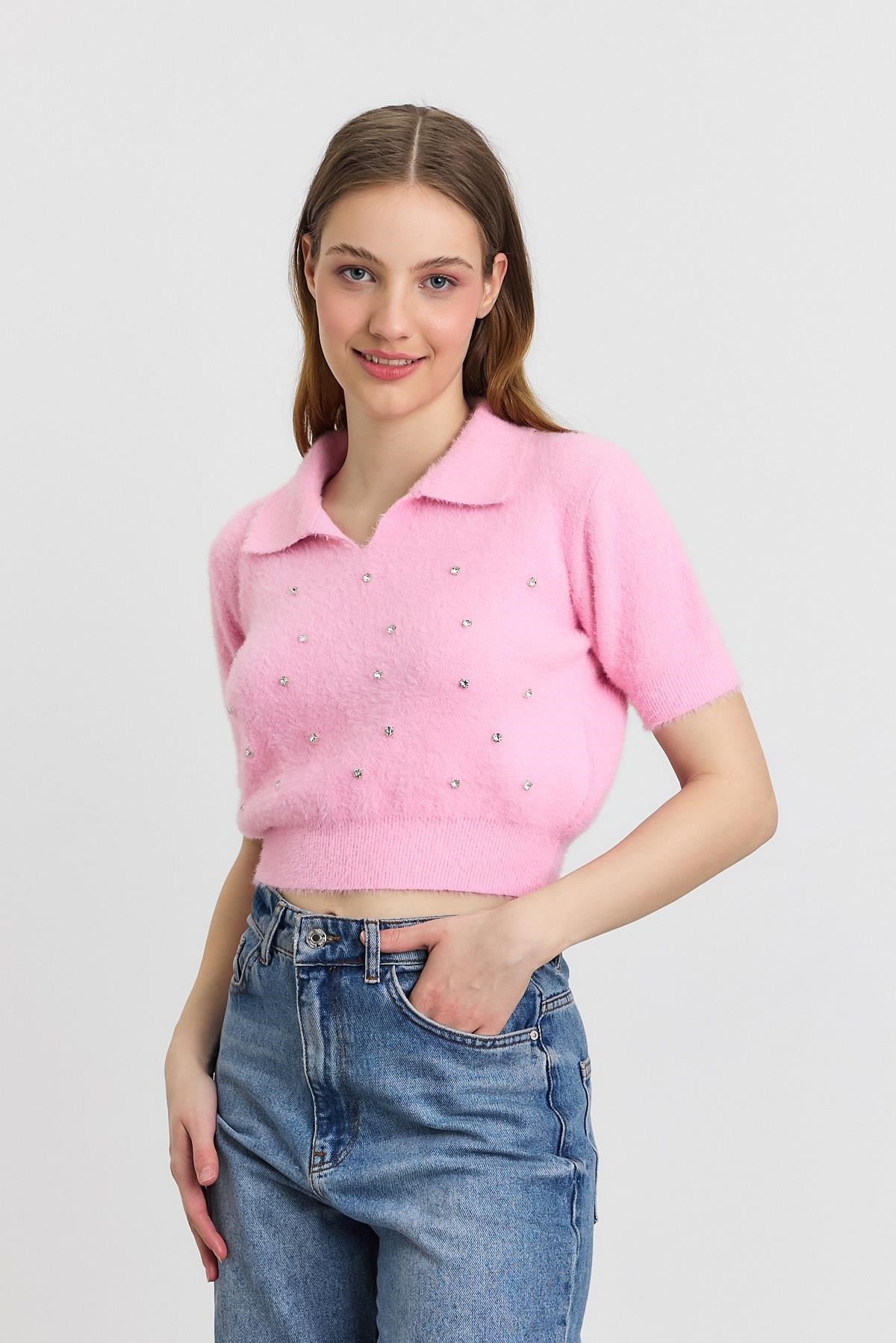 Pembe İnci Detay Yumoş Kazak 6625