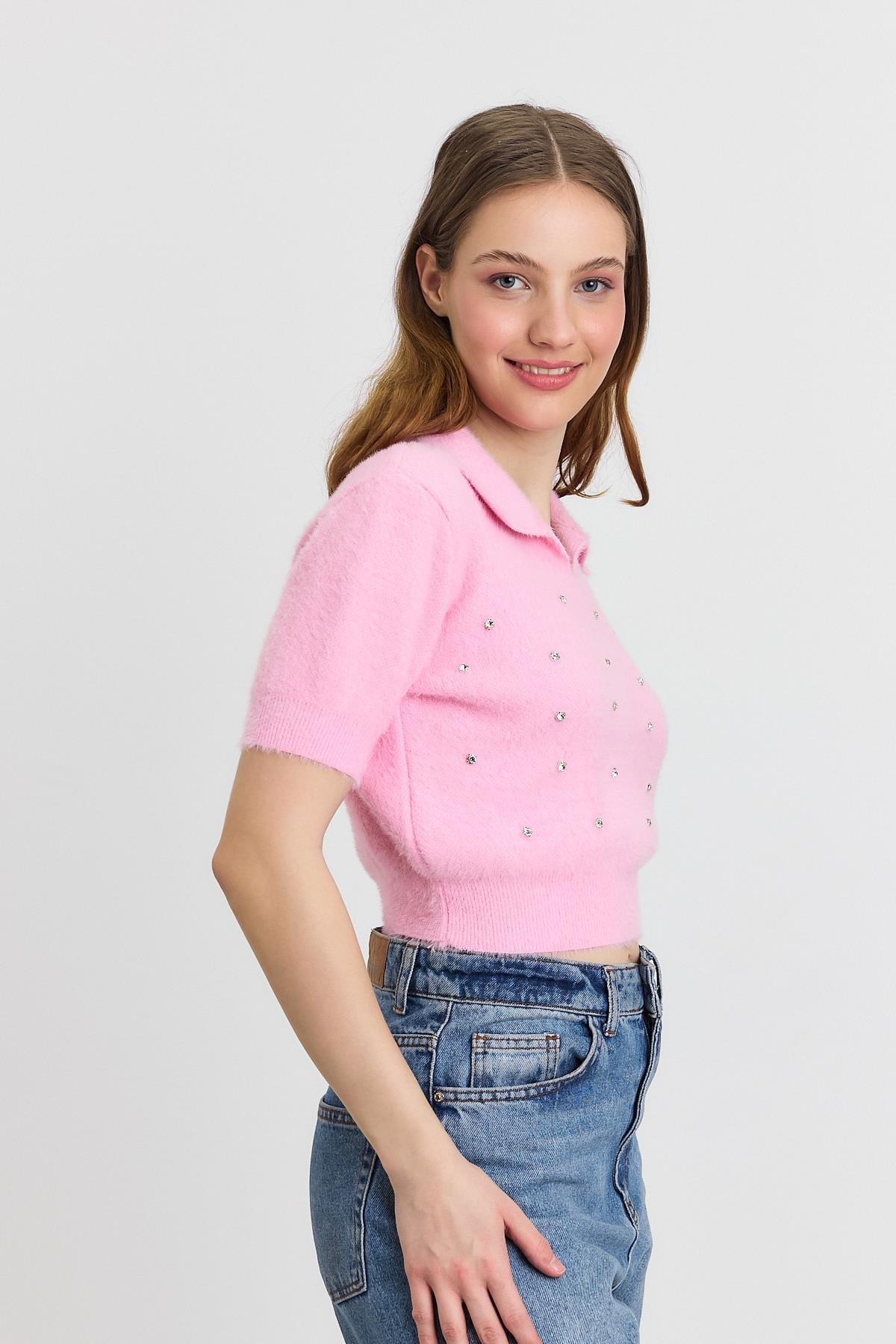 Pembe İnci Detay Yumoş Kazak 6625