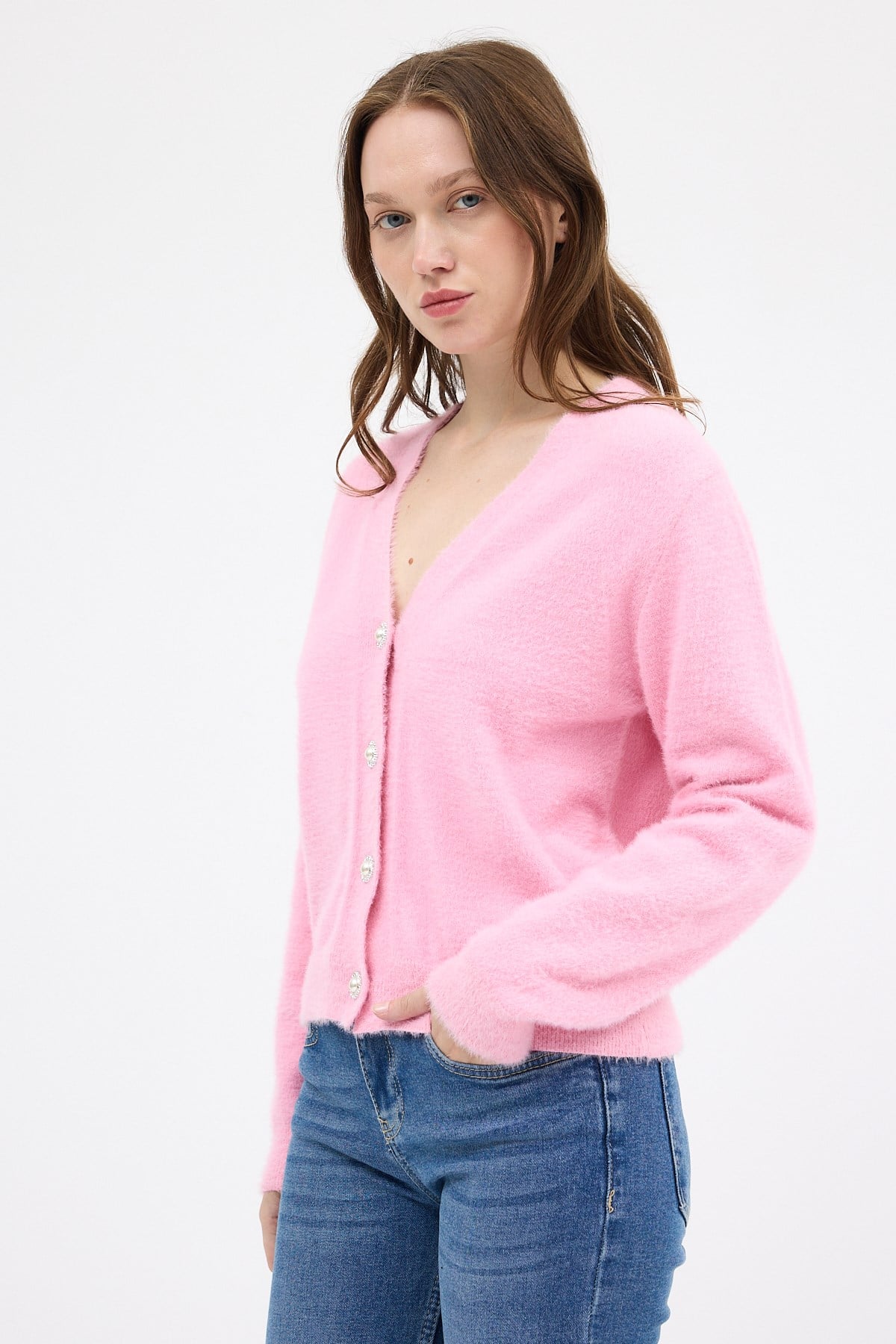 Pembe İnci Düğmeli Tüylü Kadın Crop Hırka 24170