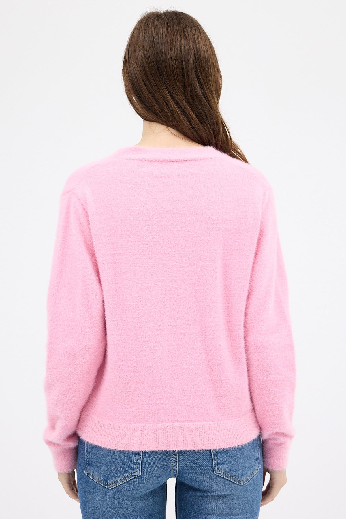 Pembe İnci Düğmeli Tüylü Kadın Crop Hırka 24170