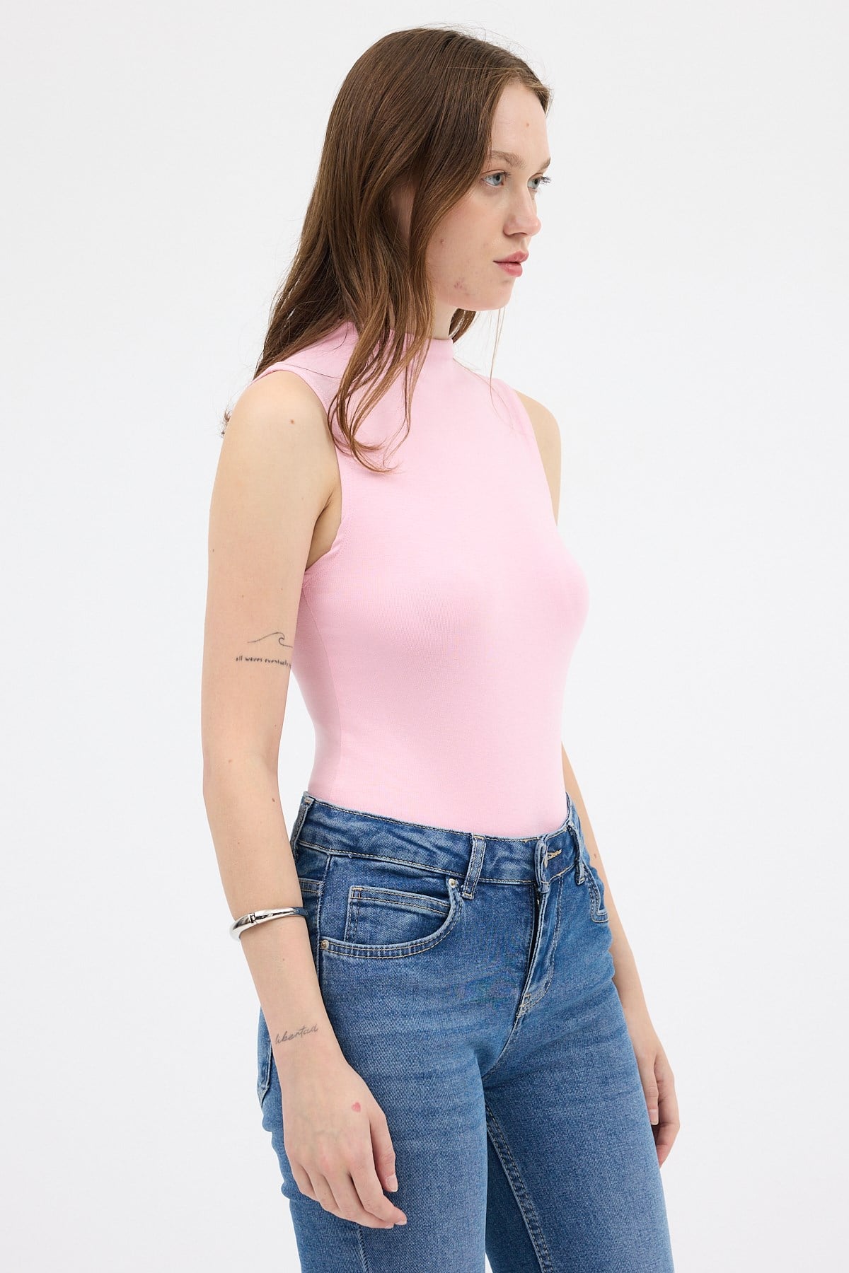 Pembe Kadın Kolsuz Yüksek Yaka Body 8155A