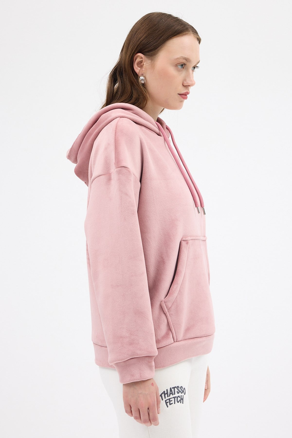 Pembe Kadın Peluş Kanguru Cepli Kapüşonlu Sweatshirt 3061A