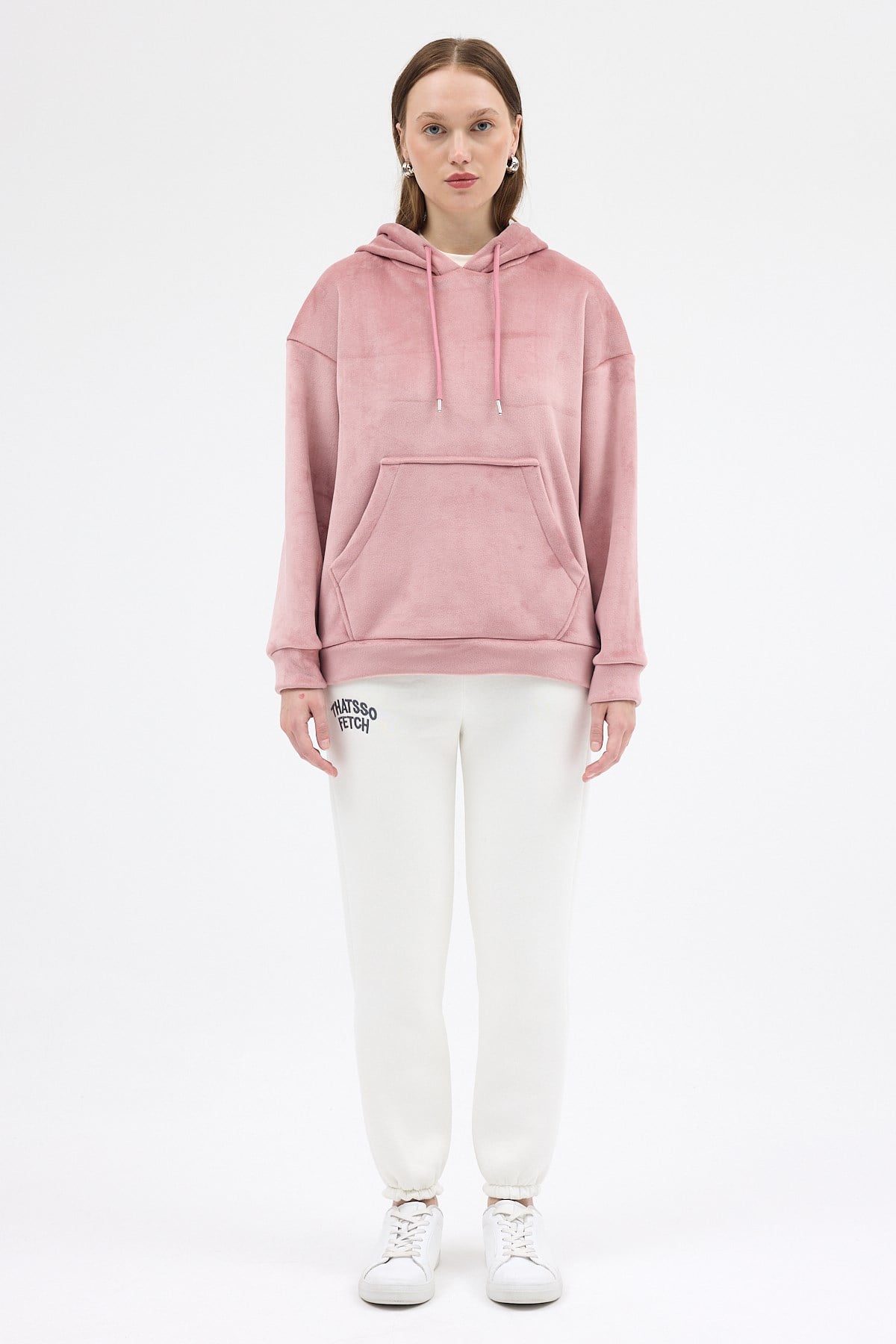 Pembe Kadın Peluş Kanguru Cepli Kapüşonlu Sweatshirt 3061A