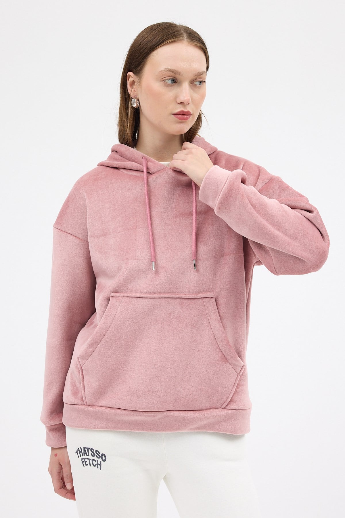 Pembe Kadın Peluş Kanguru Cepli Kapüşonlu Sweatshirt 3061A