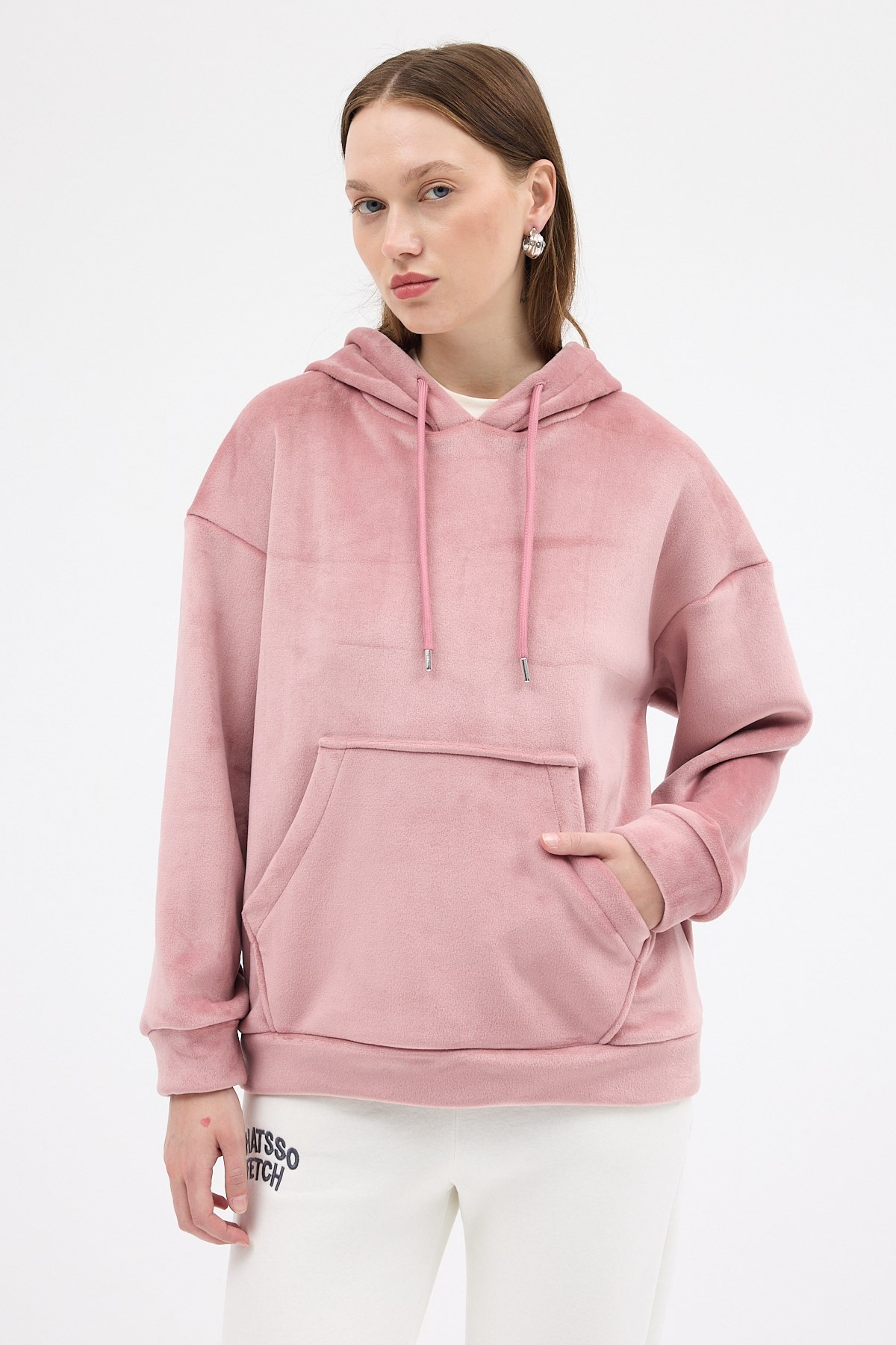 Pembe Kadın Peluş Kanguru Cepli Kapüşonlu Sweatshirt 3061A