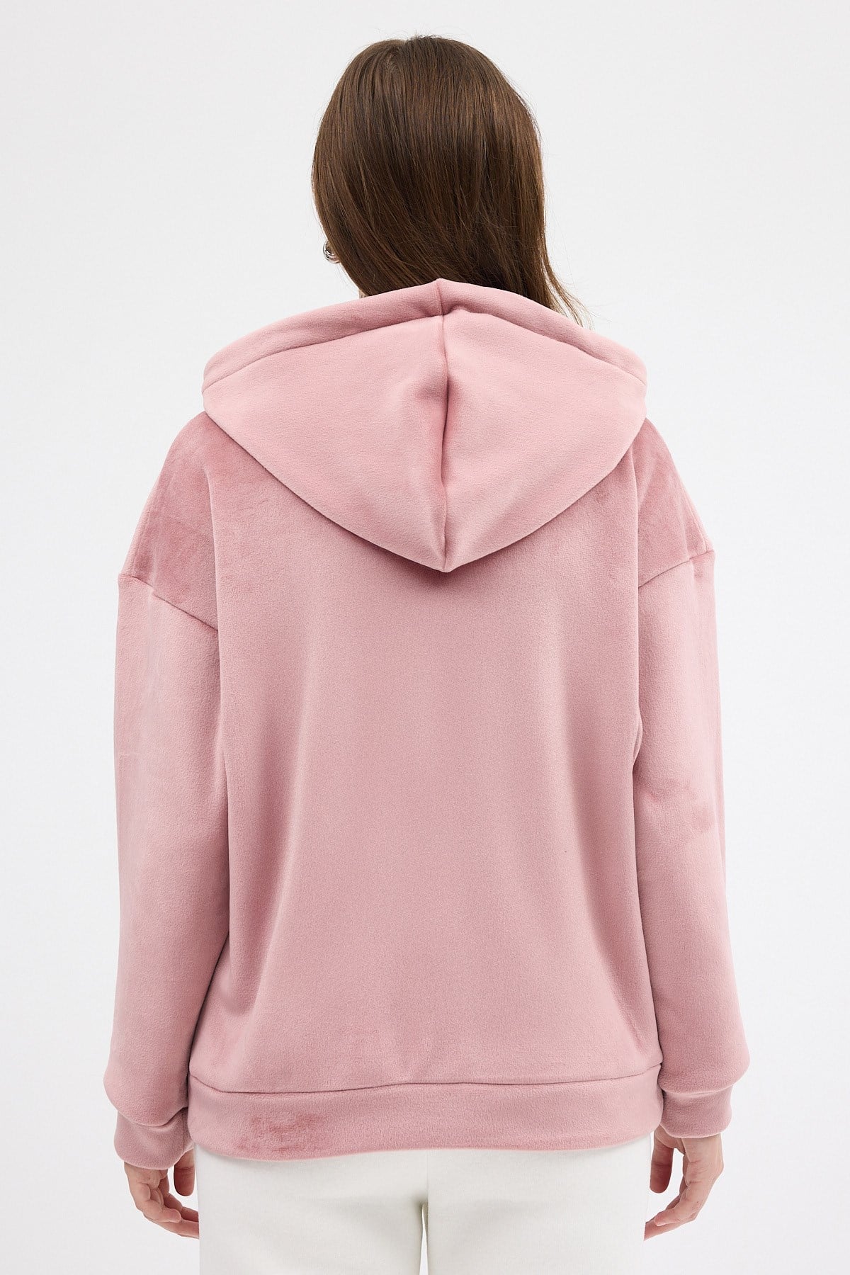 Pembe Kadın Peluş Kanguru Cepli Kapüşonlu Sweatshirt 3061A