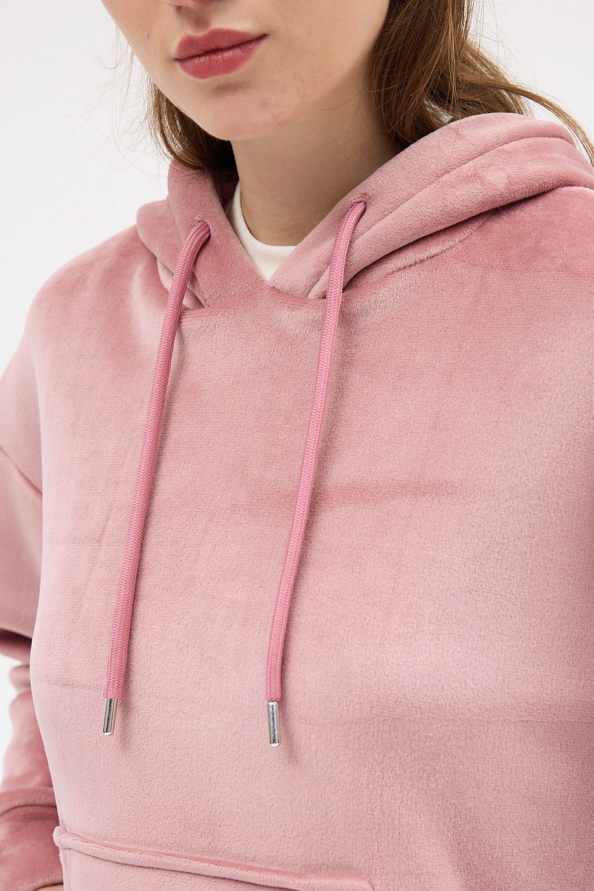 Pembe Kadın Peluş Kanguru Cepli Kapüşonlu Sweatshirt 3061A