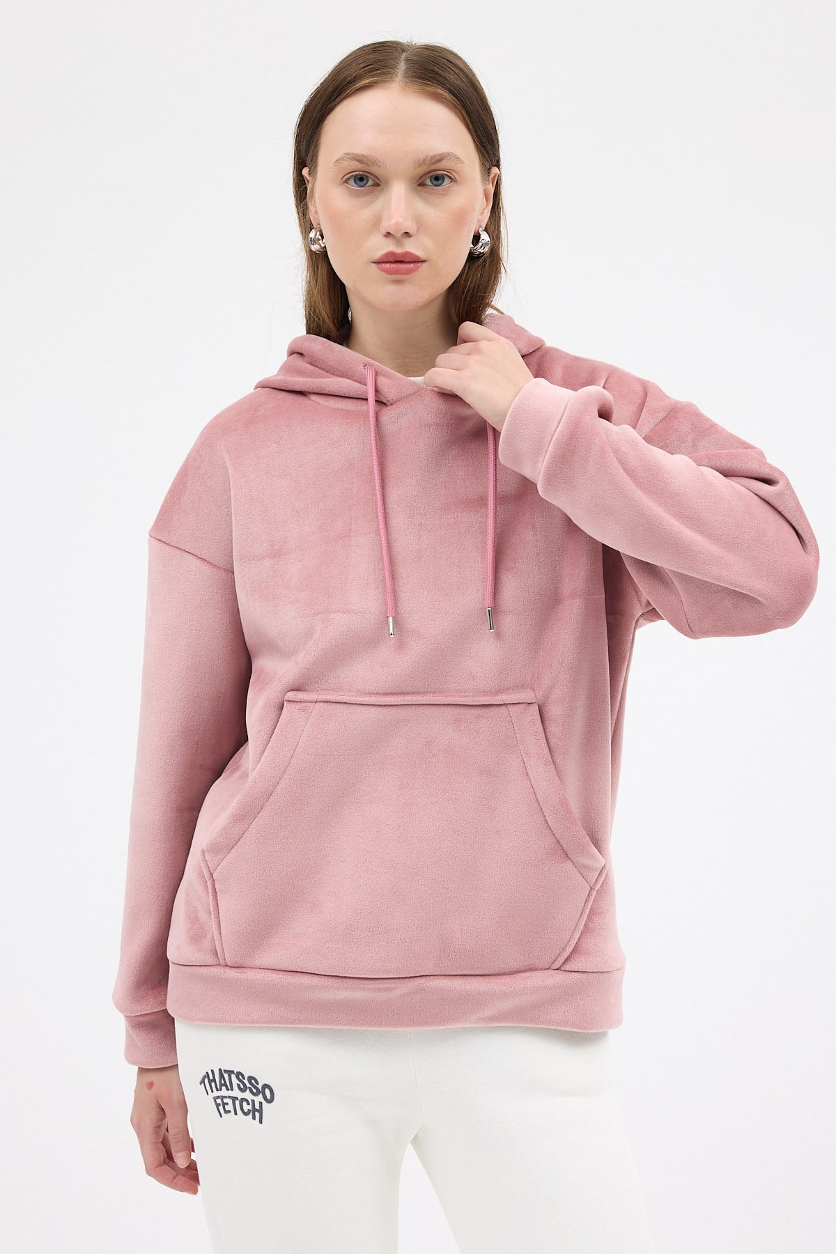 Pembe Kadın Peluş Kanguru Cepli Kapüşonlu Sweatshirt 3061A
