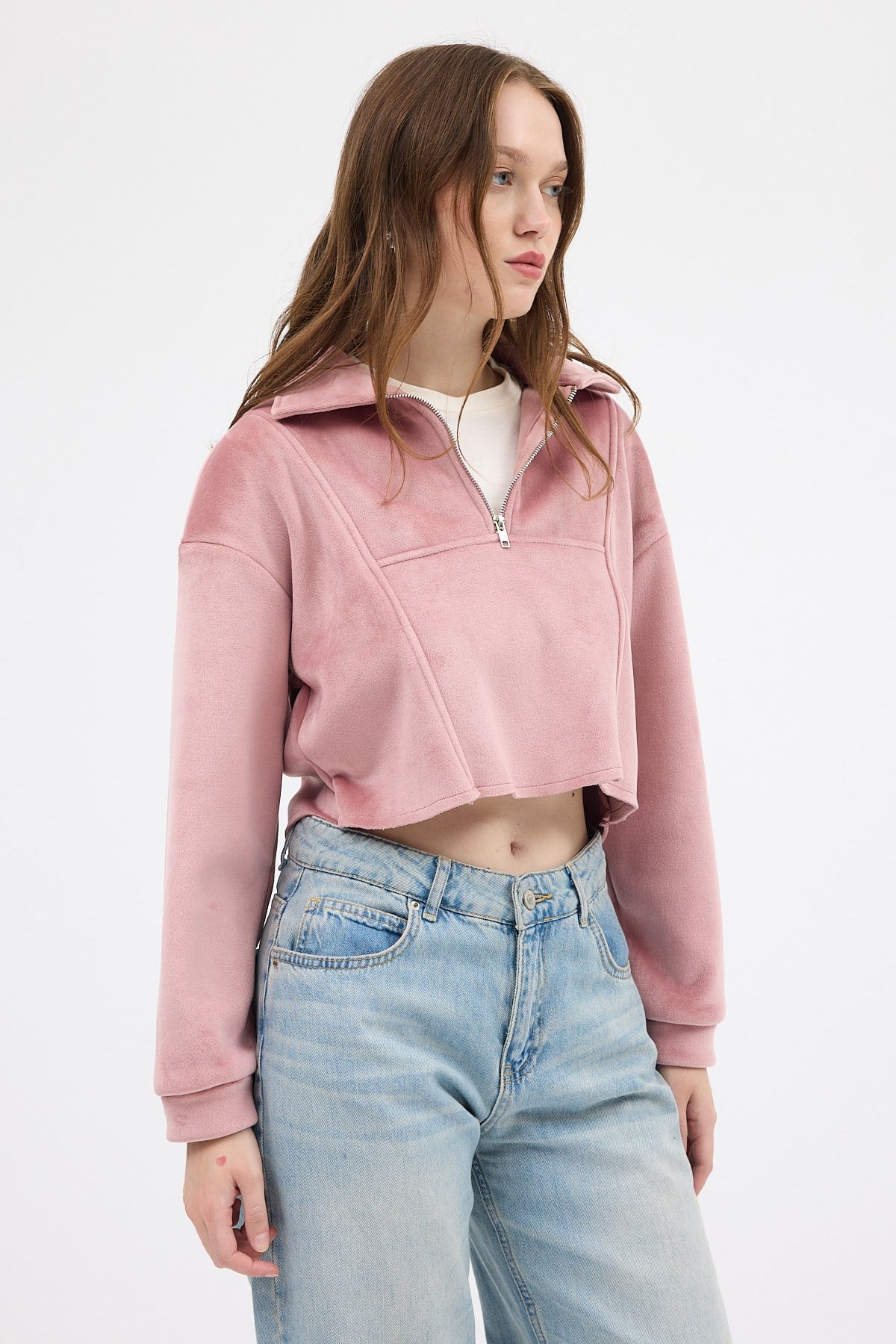 Pembe Kadın Peluş Yarım Fermuarlı Crop Sweatshirt 3056A