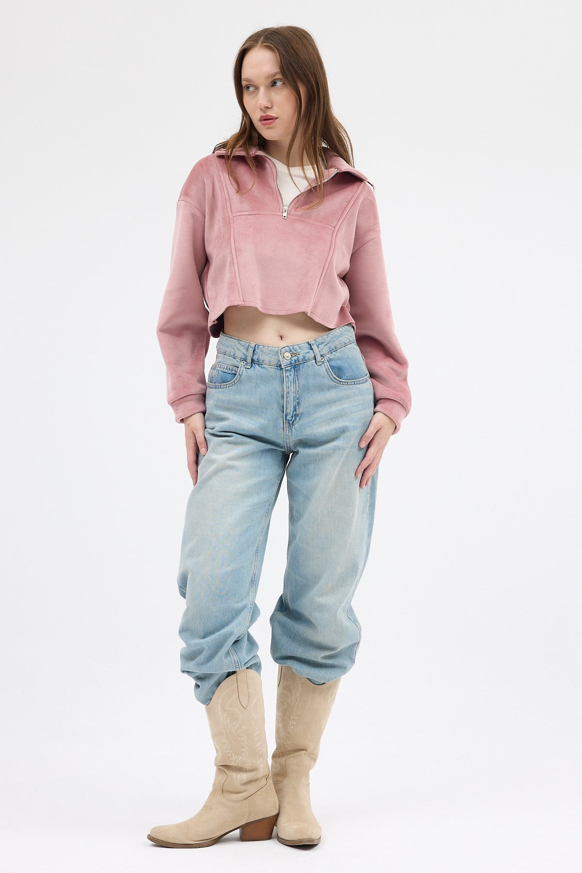 Pembe Kadın Peluş Yarım Fermuarlı Crop Sweatshirt 3056A