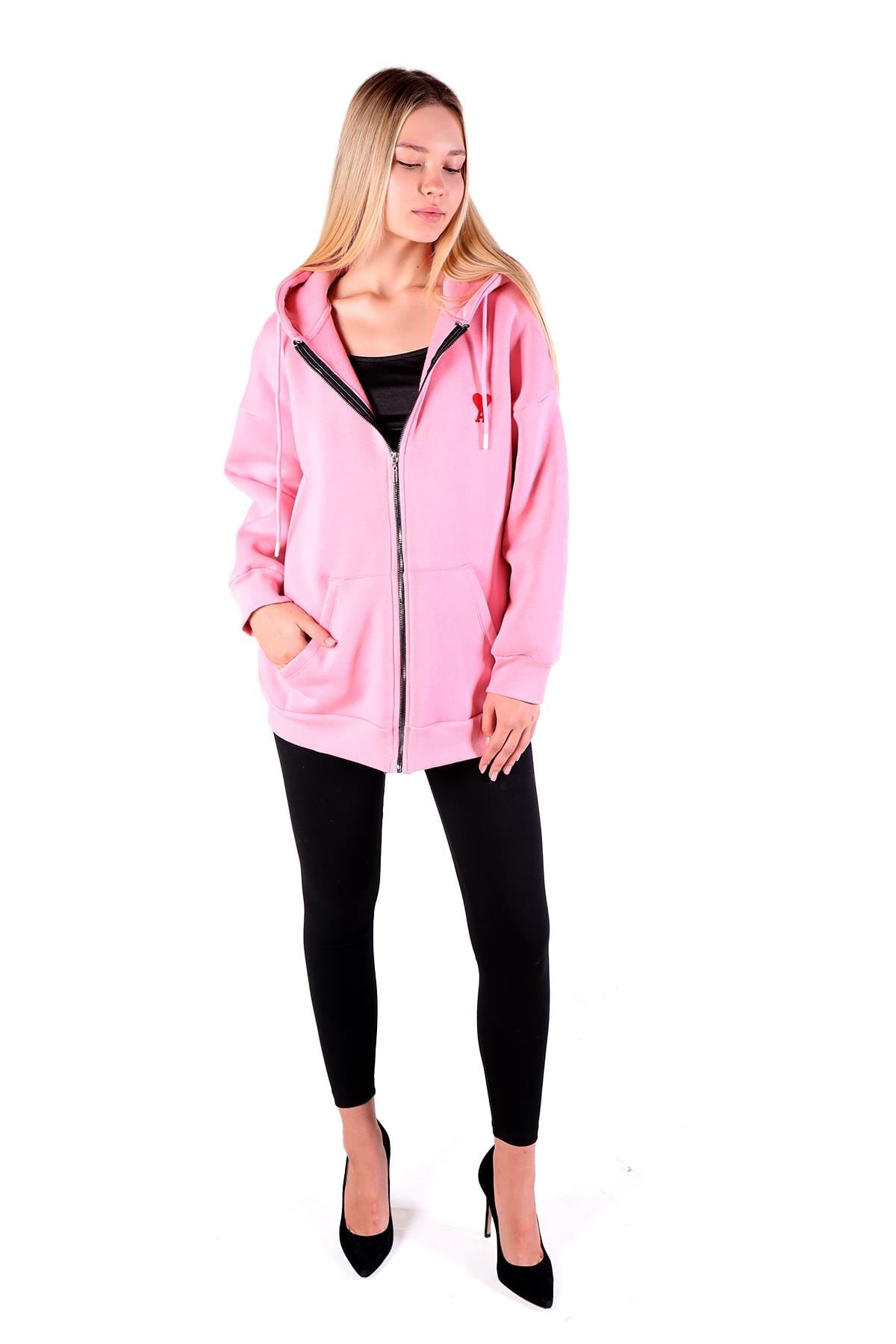 Pembe Kalp Nakış Detay Fermuarlı Sweat 9142M