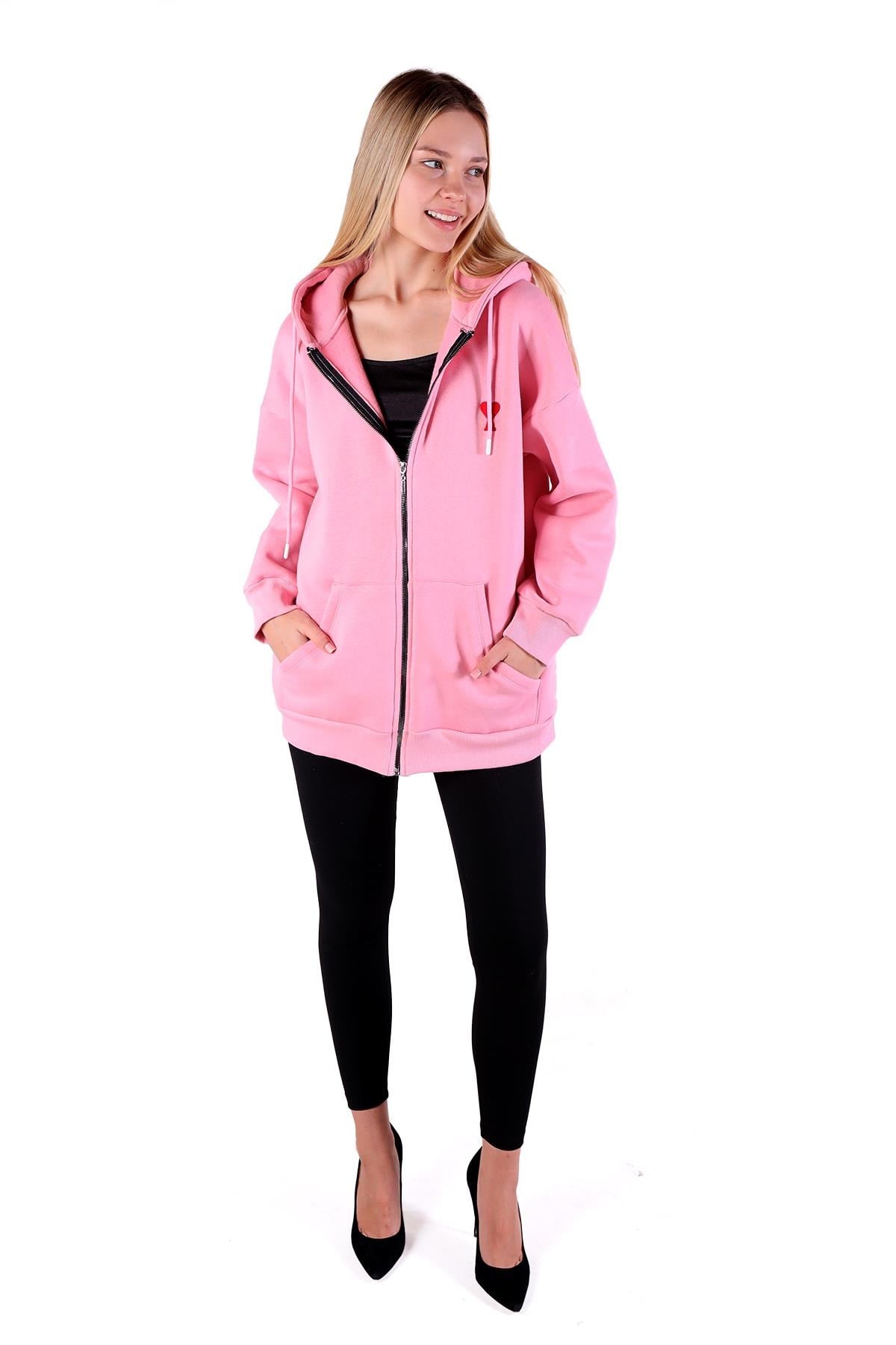 Pembe Kalp Nakış Detay Fermuarlı Sweat 9142M