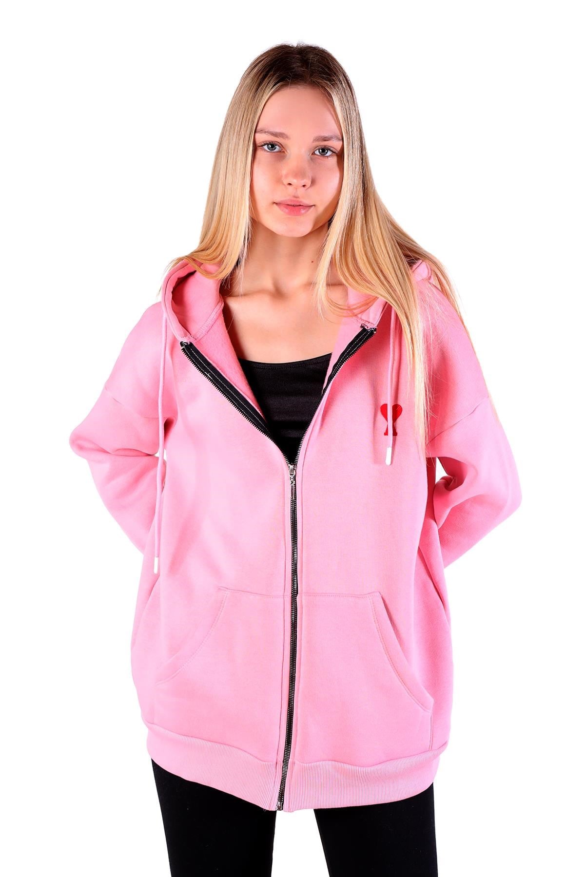 Pembe Kalp Nakış Detay Fermuarlı Sweat 9142M