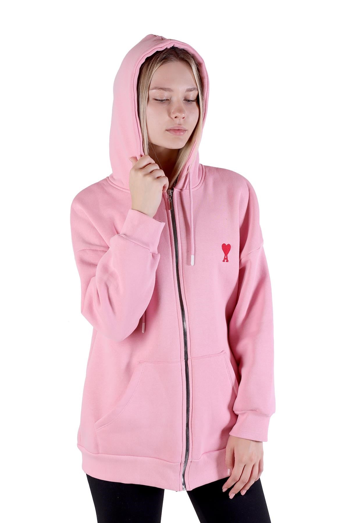 Pembe Kalp Nakış Detay Fermuarlı Sweat 9142M