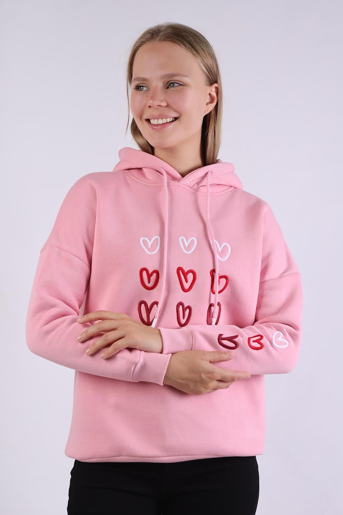 Pembe Kalp Nakışlı Sweat 9154M