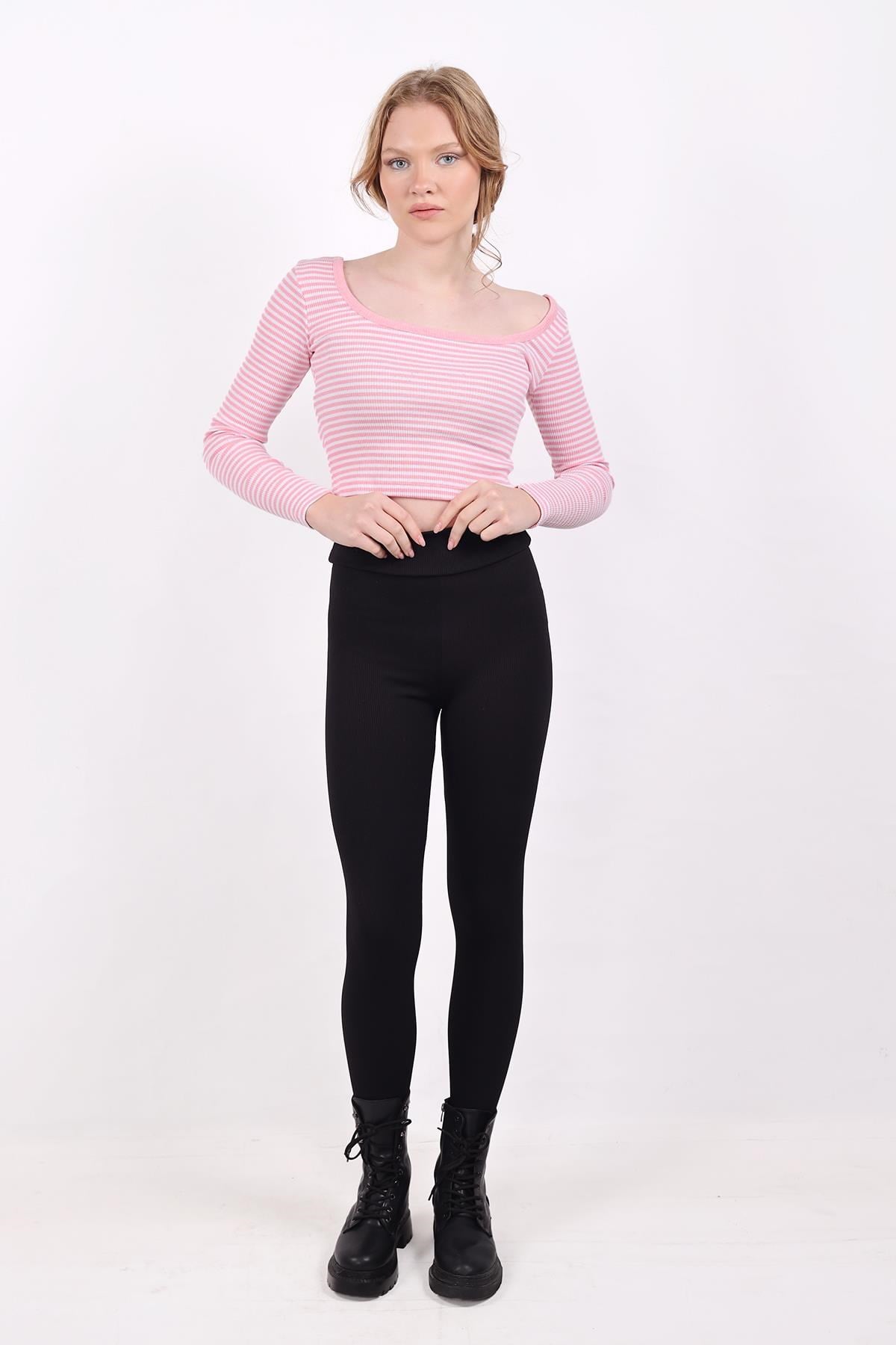 Pembe Kare Yaka Çizgili Crop Bluz 9904