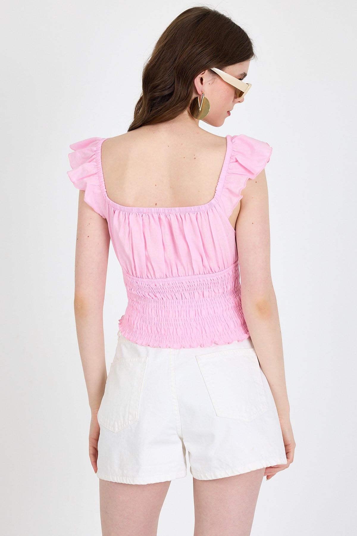 Pembe  Keten Görünümlü %100 Pamuk Büzgülü Fırfır Kol Detaylı Crop Bluz 6892