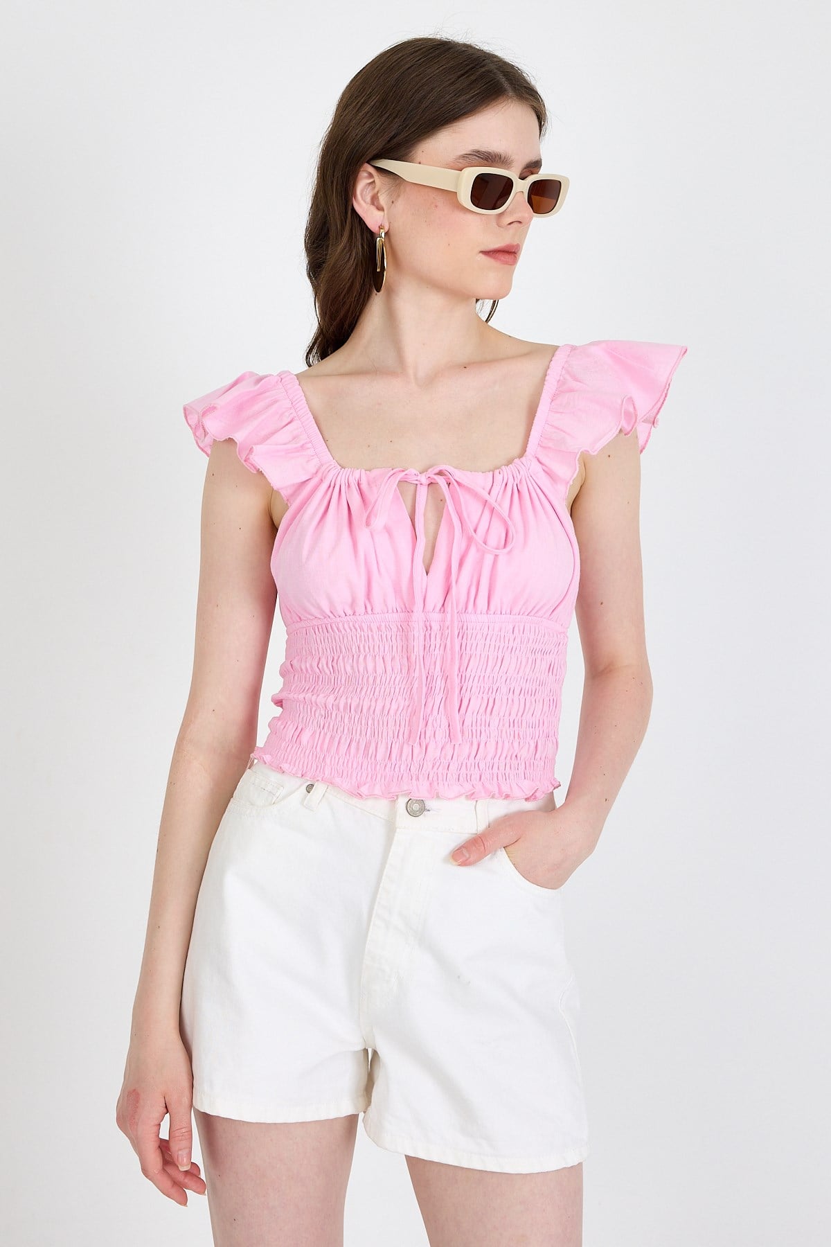 Pembe  Keten Görünümlü %100 Pamuk Büzgülü Fırfır Kol Detaylı Crop Bluz 6892