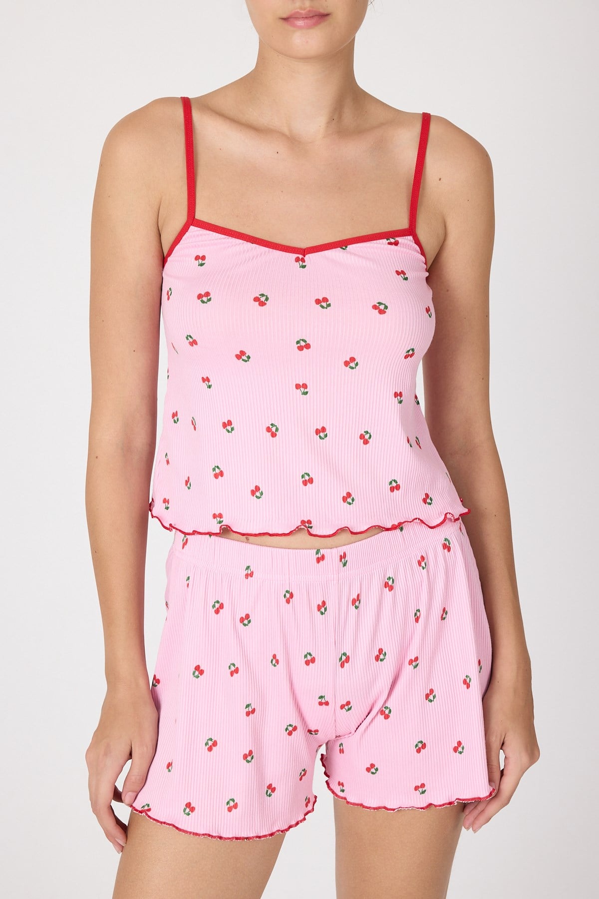 Pembe Kiraz Desenli Kadın Pijama Takımı 3415