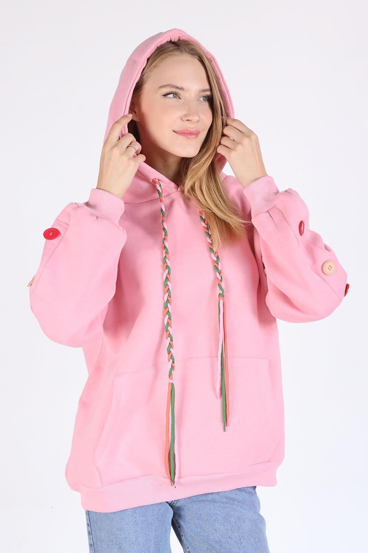 Pembe Kol Düğme Detay Kapşonlü Sweat 9148M