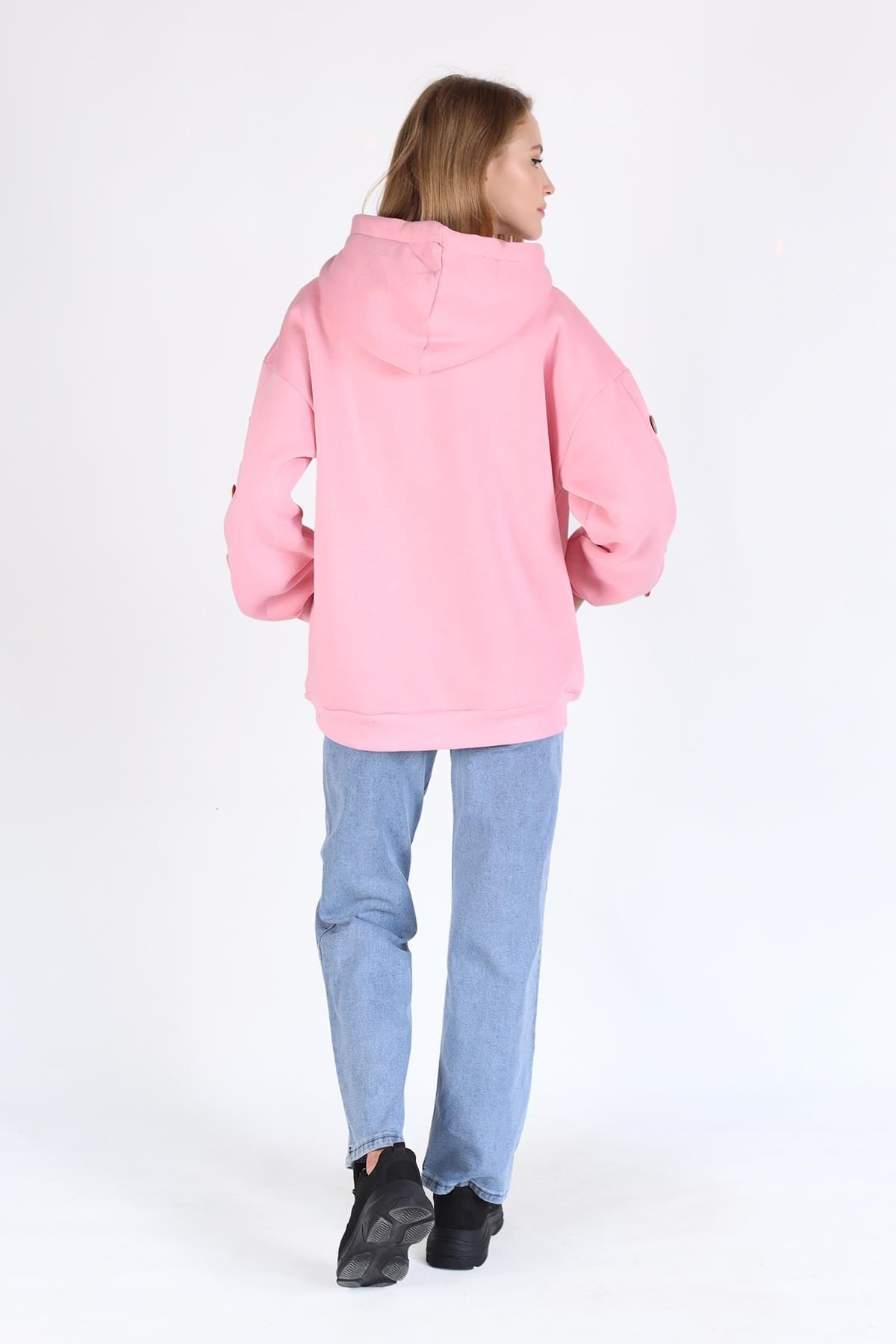 Pembe Kol Düğme Detay Kapşonlü Sweat 9148M