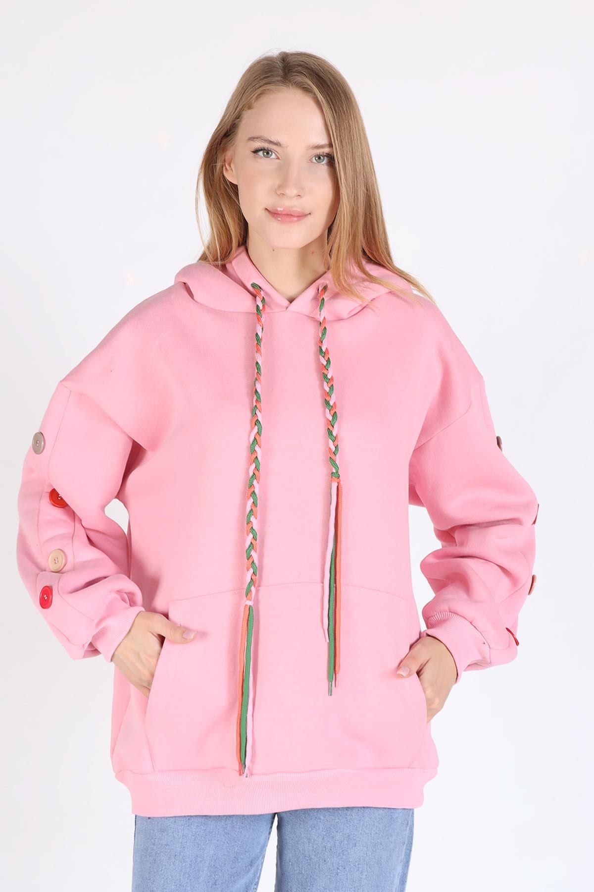 Pembe Kol Düğme Detay Kapşonlü Sweat 9148M