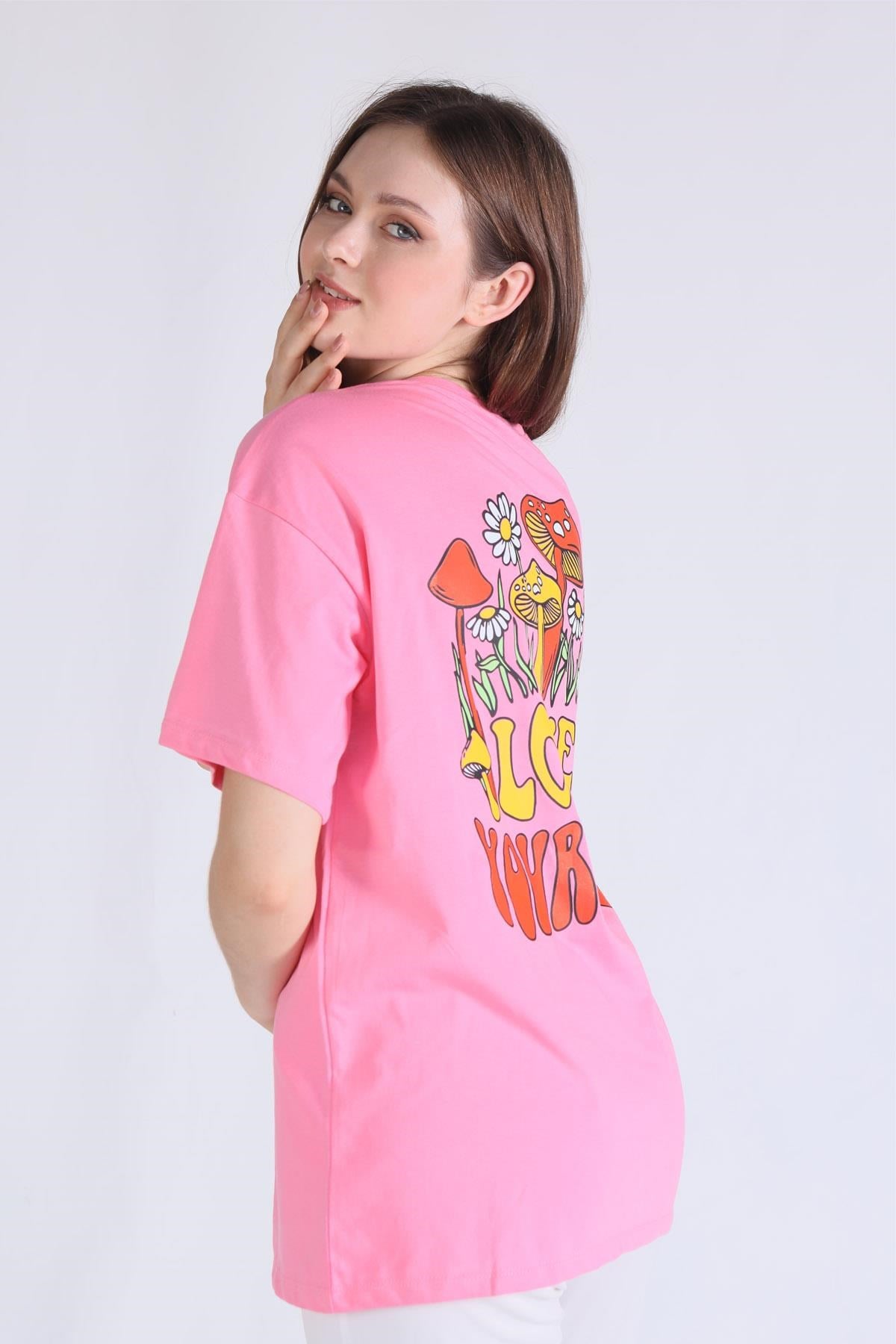 Pembe Love Yourself Baskı Tişört 1395