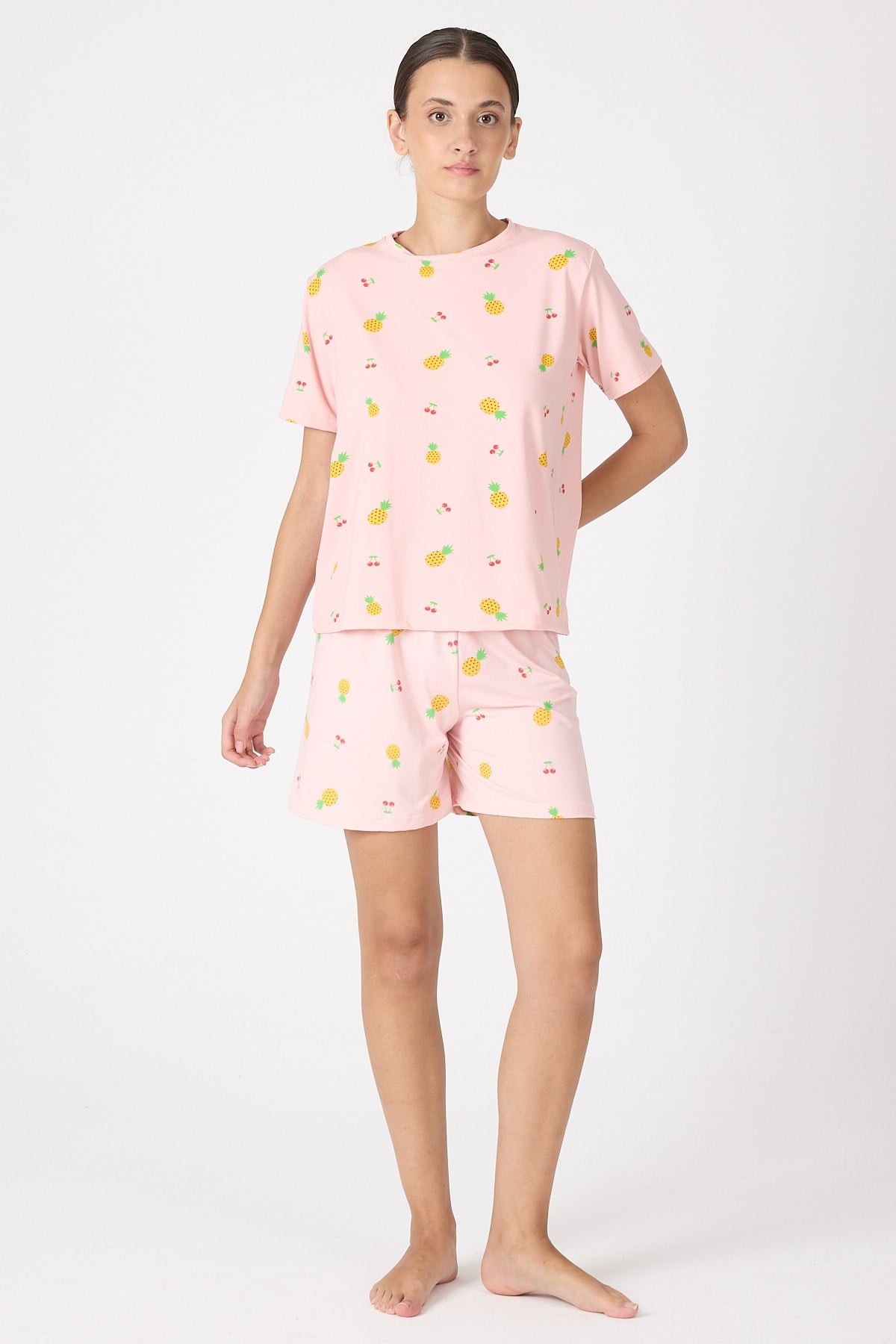 Pembe Meyve Desenli Şortlu Pijama Takımı 3420