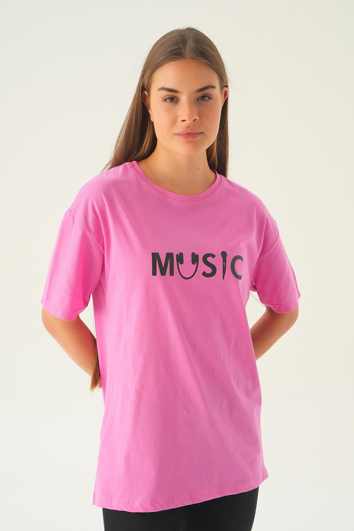 Pembe Music Baskı Oversize Tişört 1717