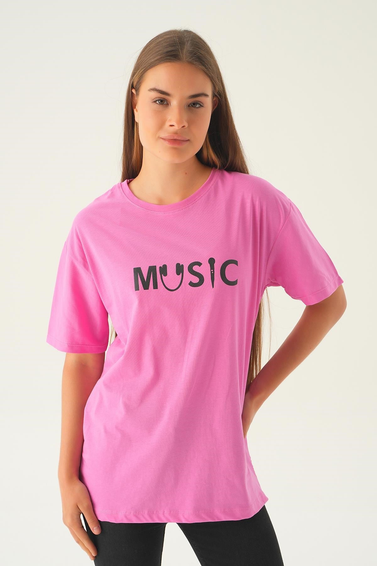 Pembe Music Baskı Oversize Tişört 1717