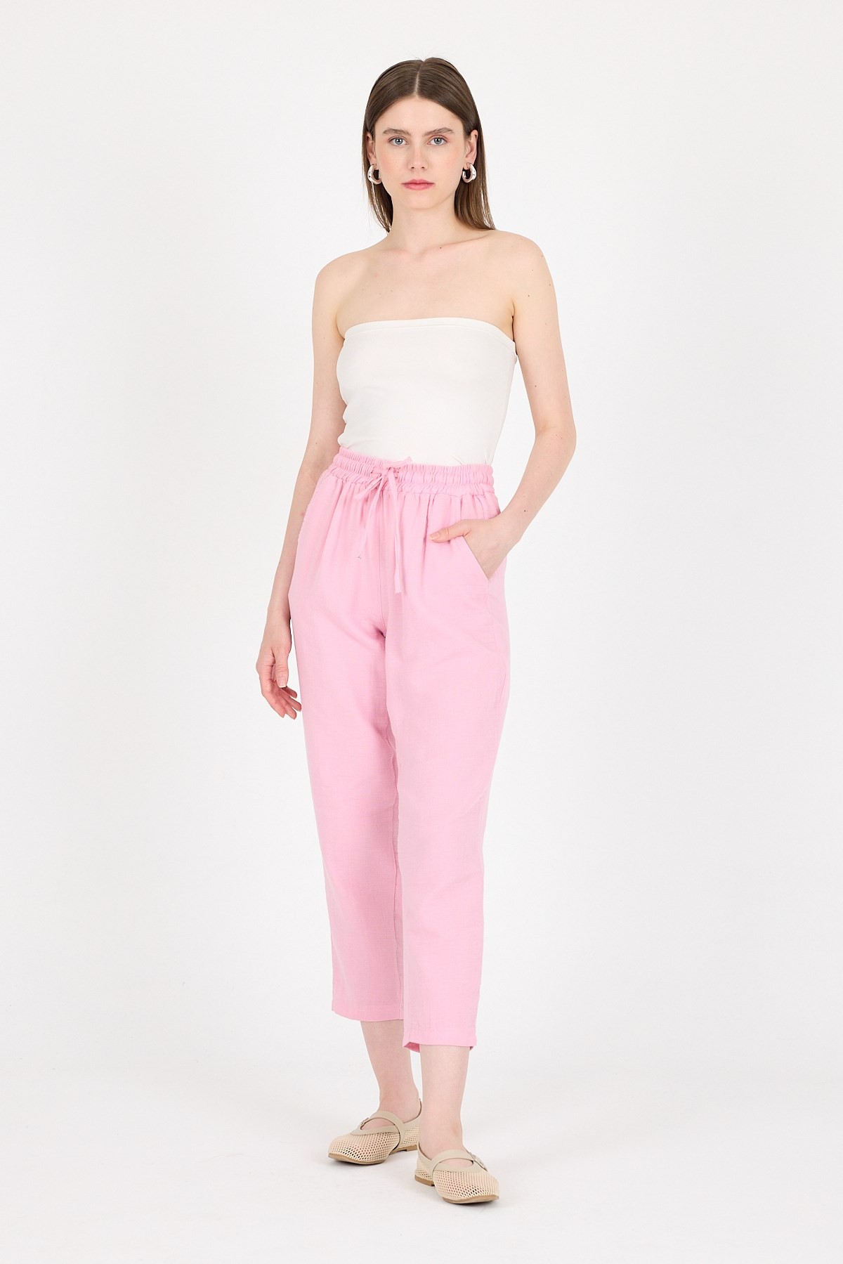 Pembe Müslin %100 Pamuk Beli Lastikli Pantolon 8055A