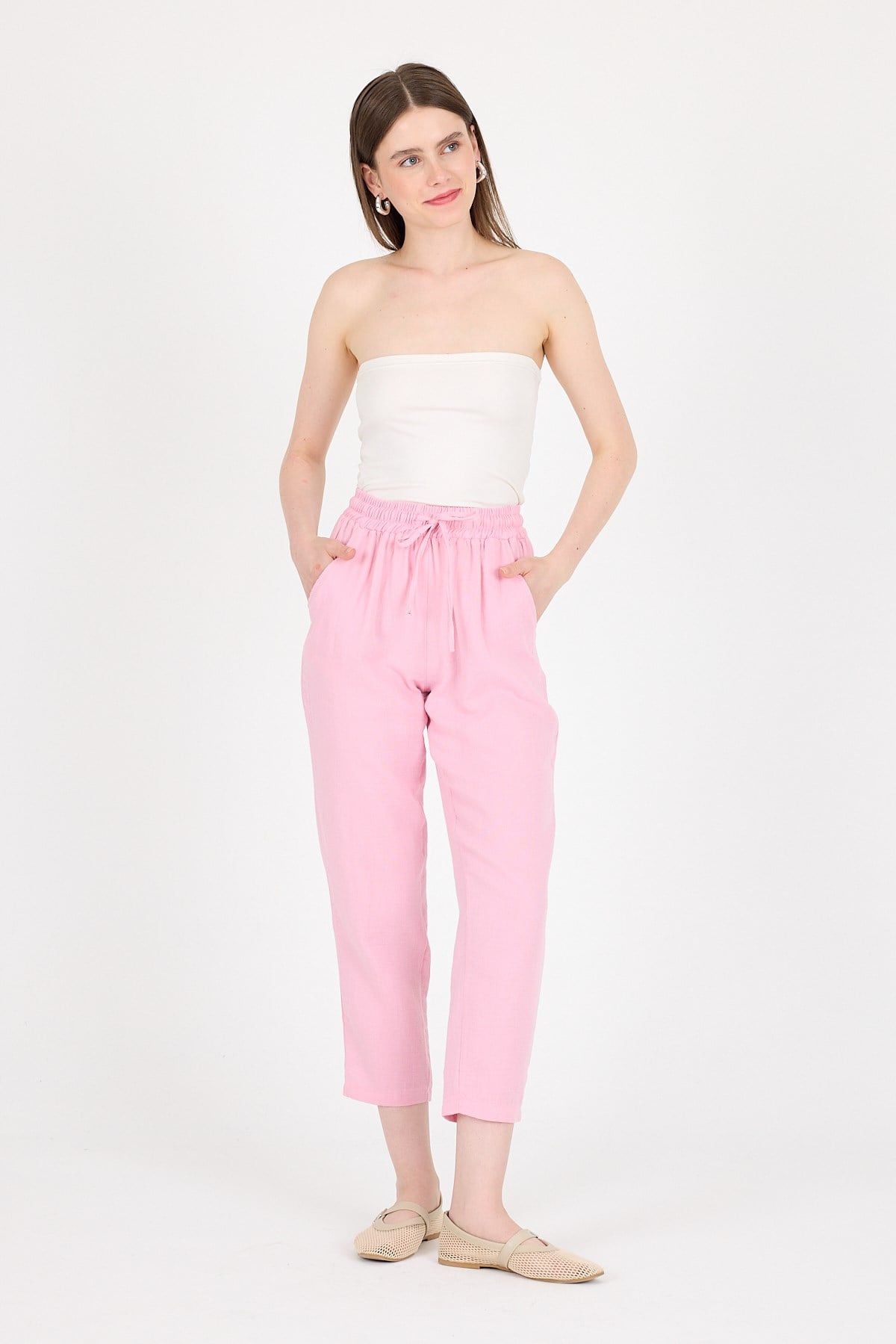 Pembe Müslin %100 Pamuk Beli Lastikli Pantolon 8055A