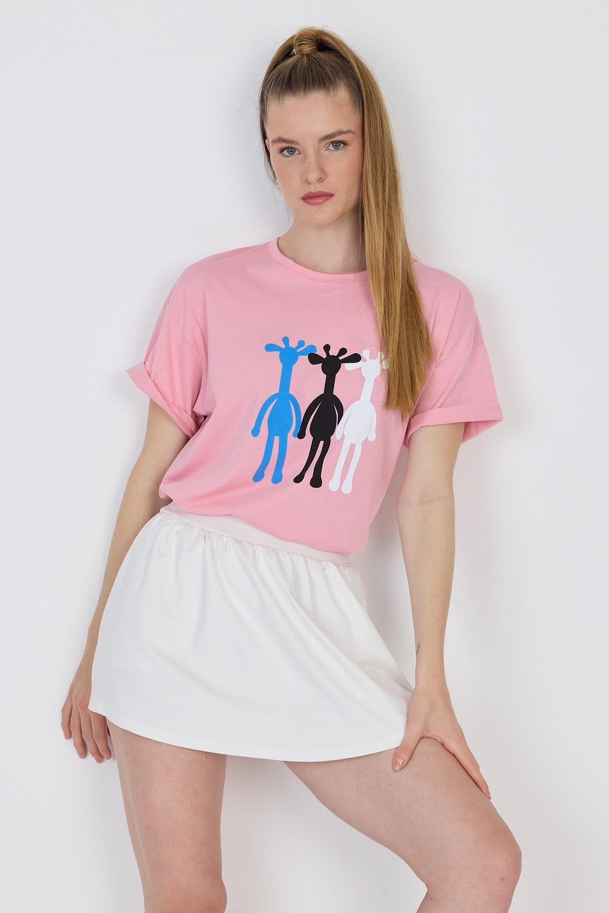 Pembe Oversize Zürafa Baskılı Tişört 2150-12M
