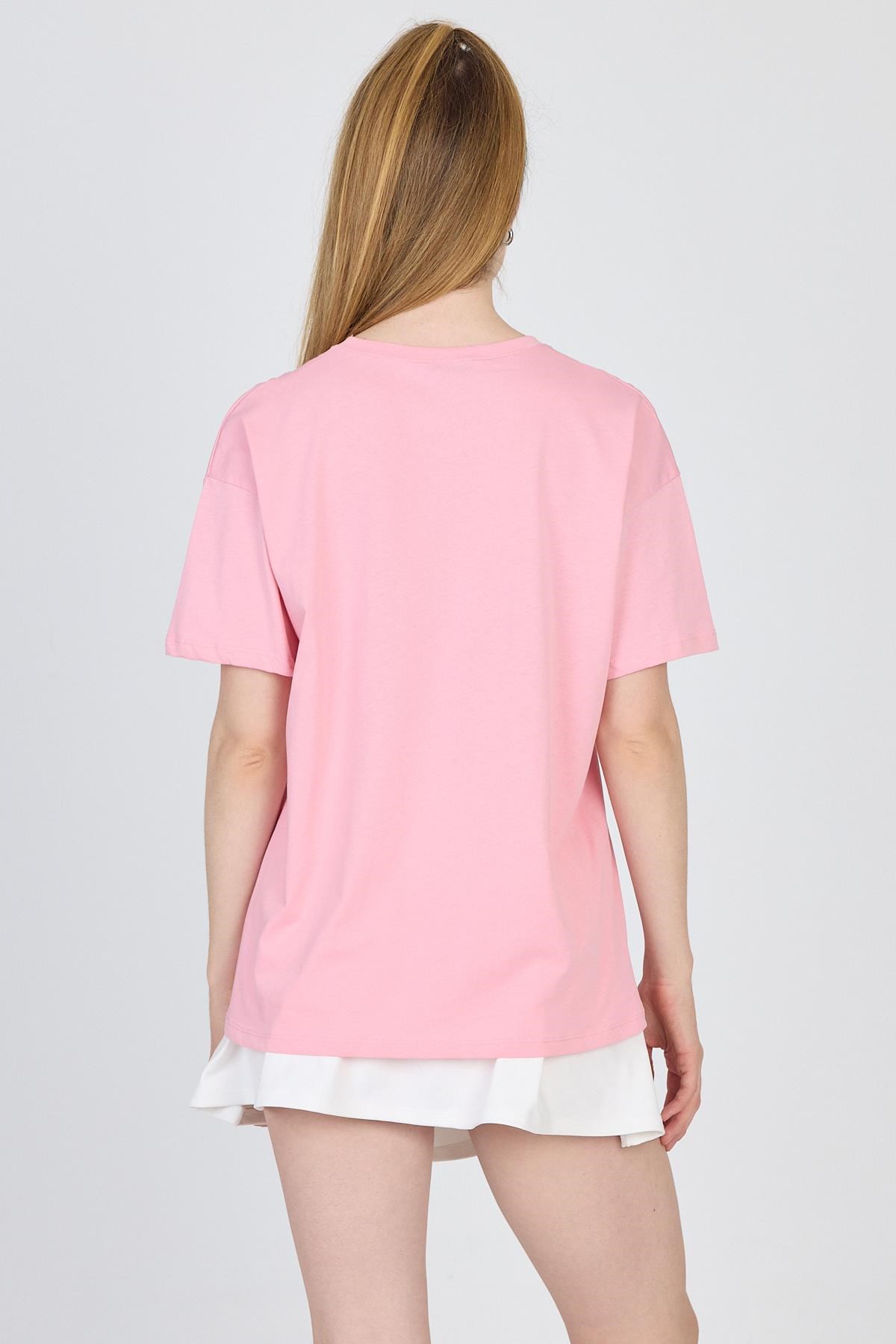 Pembe Oversize Zürafa Baskılı Tişört 2150-12M