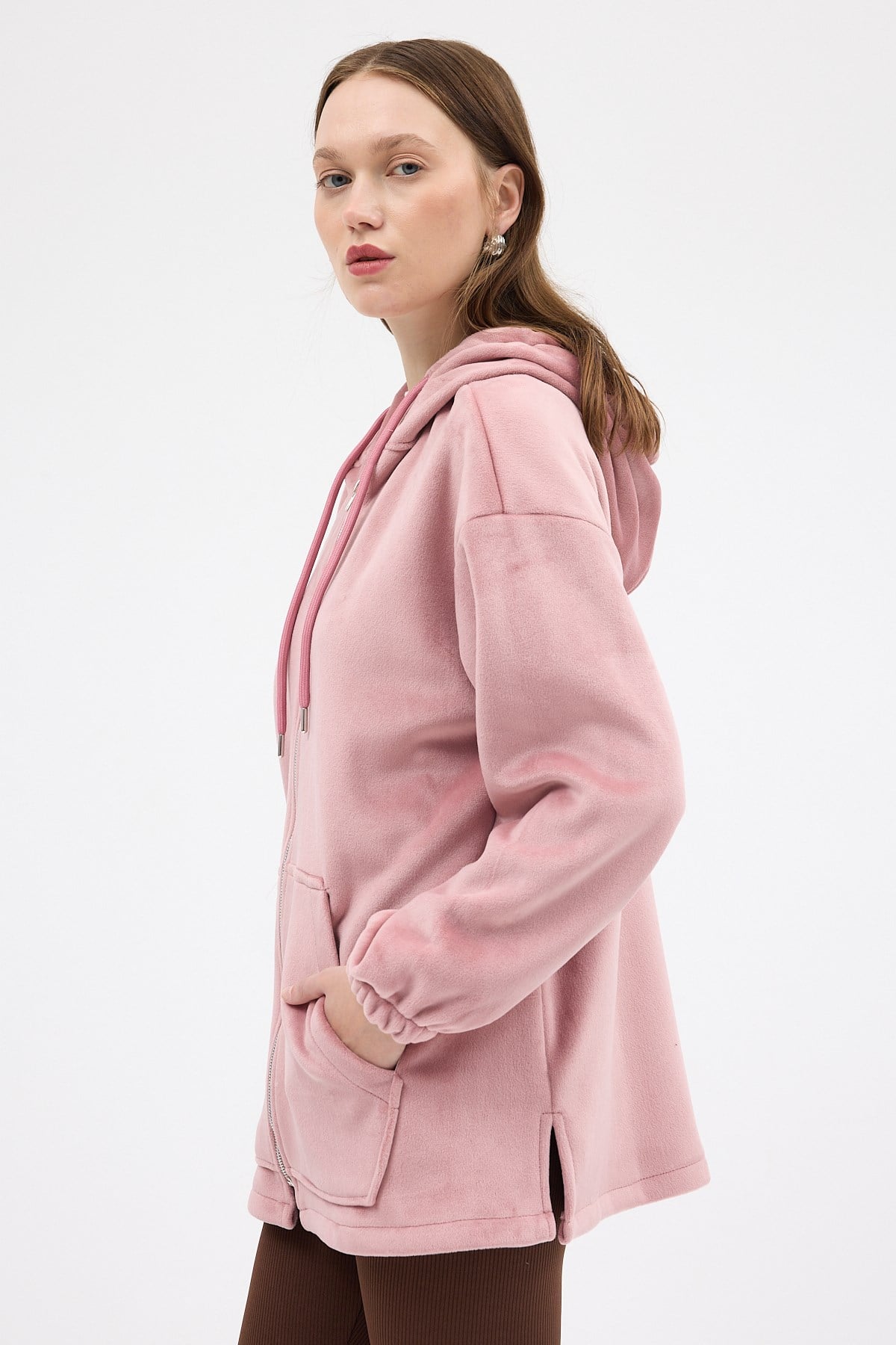 Pembe Peluş Fermuarlı Kapüşonlu Kadın Sweatshirt 3057A