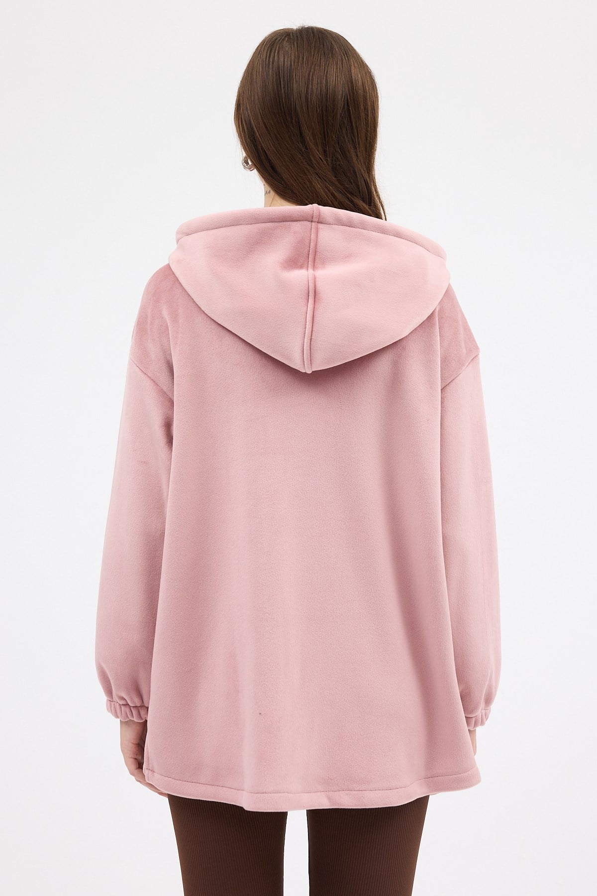 Pembe Peluş Fermuarlı Kapüşonlu Kadın Sweatshirt 3057A