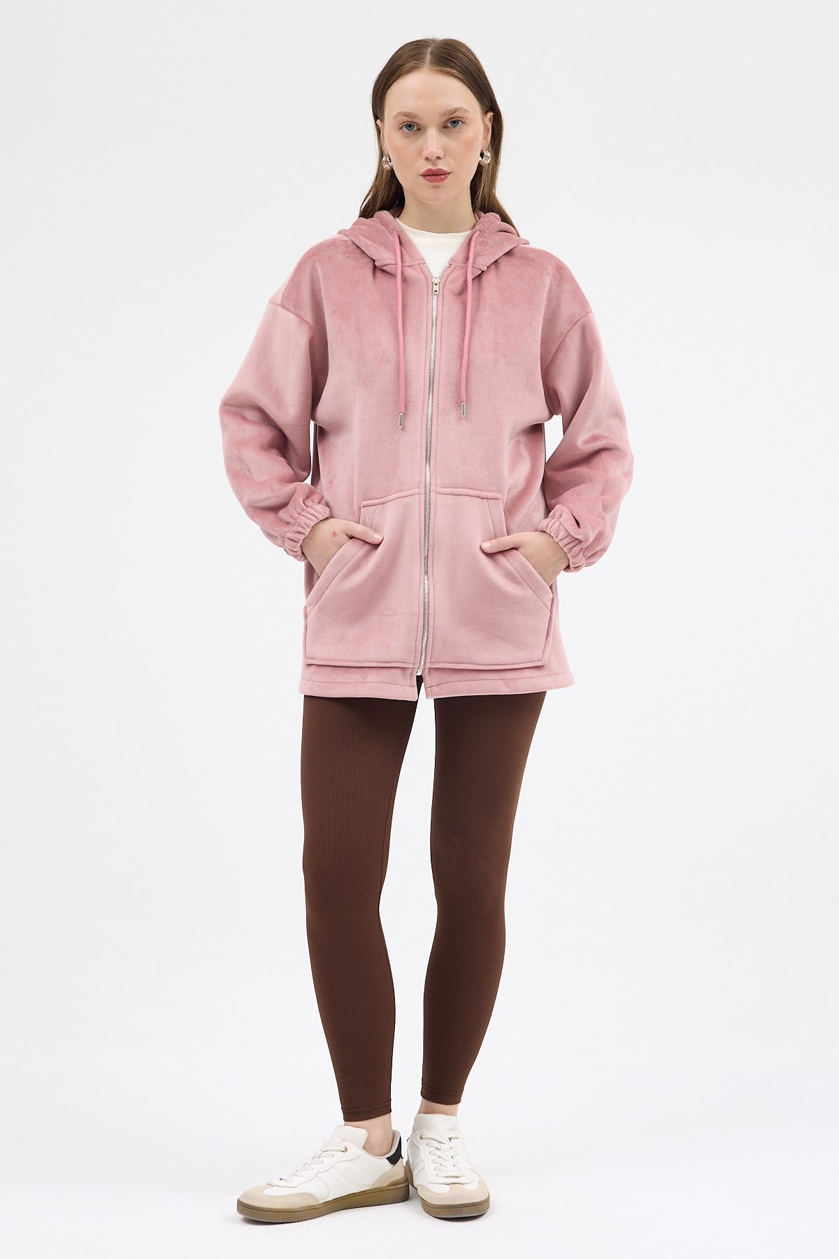 Pembe Peluş Fermuarlı Kapüşonlu Kadın Sweatshirt 3057A