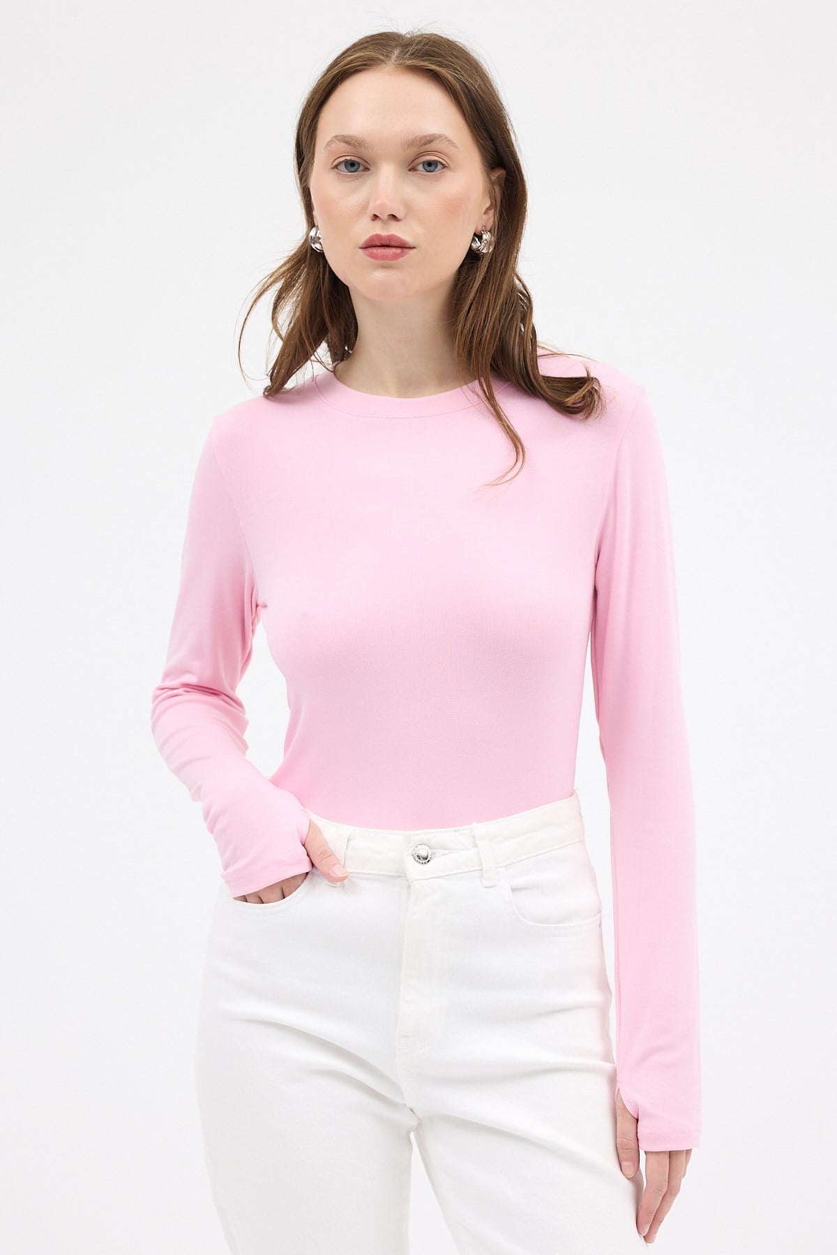 Pembe Premium/Viskoz Yumuşak Kumaşlı Parmak Geçmeli Crop Bluz 8162A