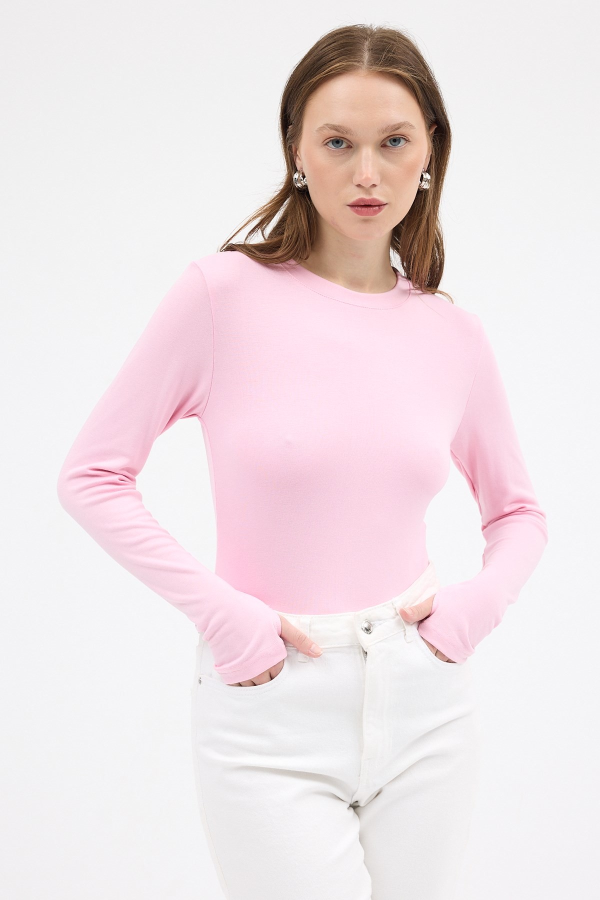 Pembe Premium/Viskoz Yumuşak Kumaşlı Parmak Geçmeli Crop Bluz 8162A
