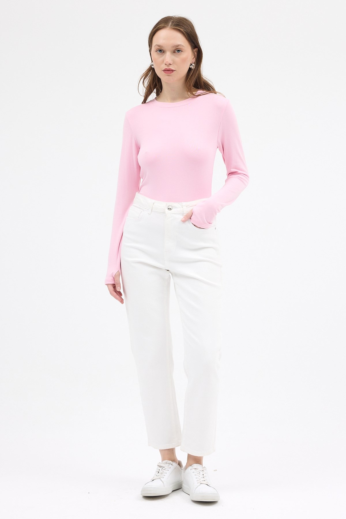 Pembe Premium/Viskoz Yumuşak Kumaşlı Parmak Geçmeli Crop Bluz 8162A