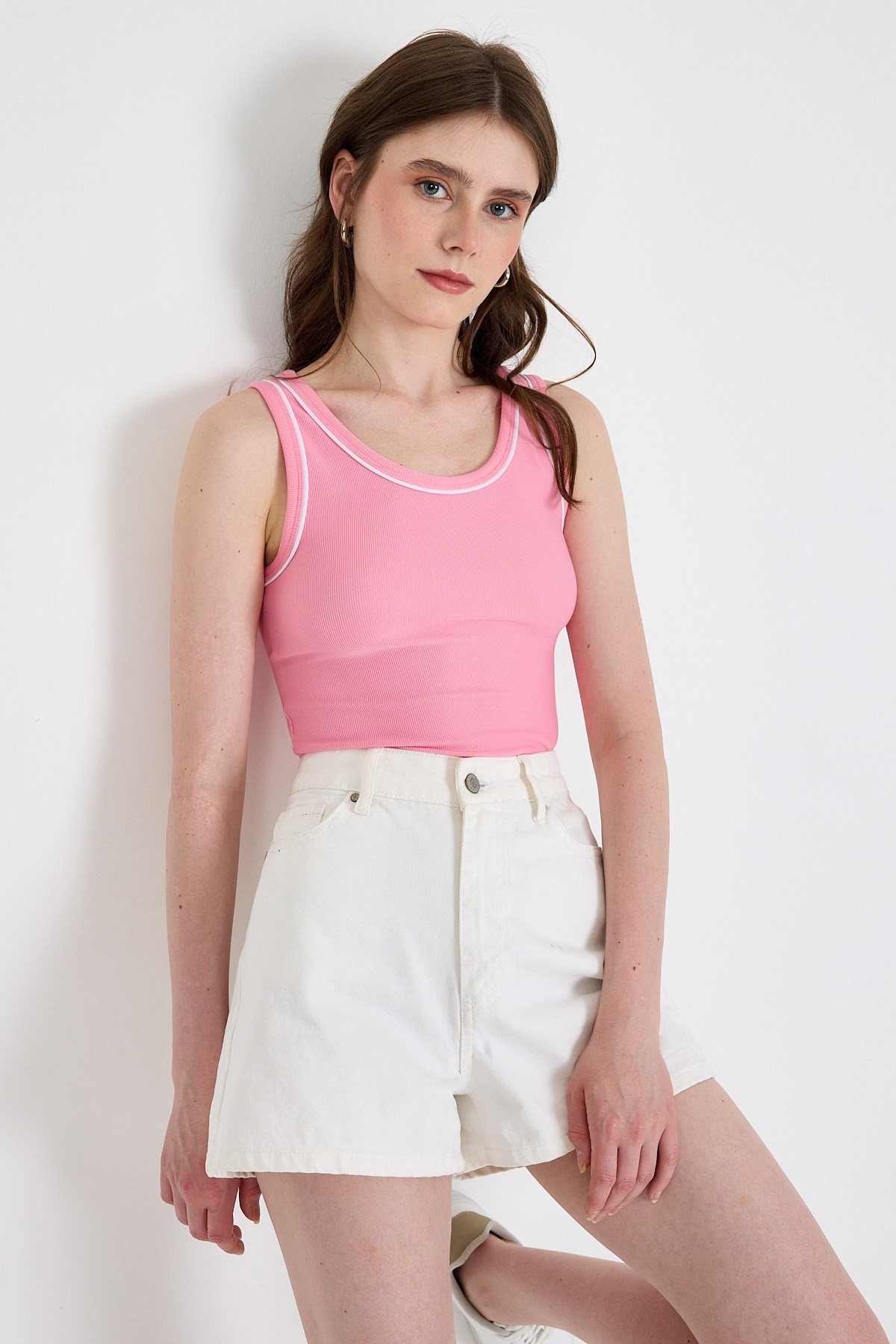 Pembe Şerit Detaylı Örme Crop Atlet 1049
