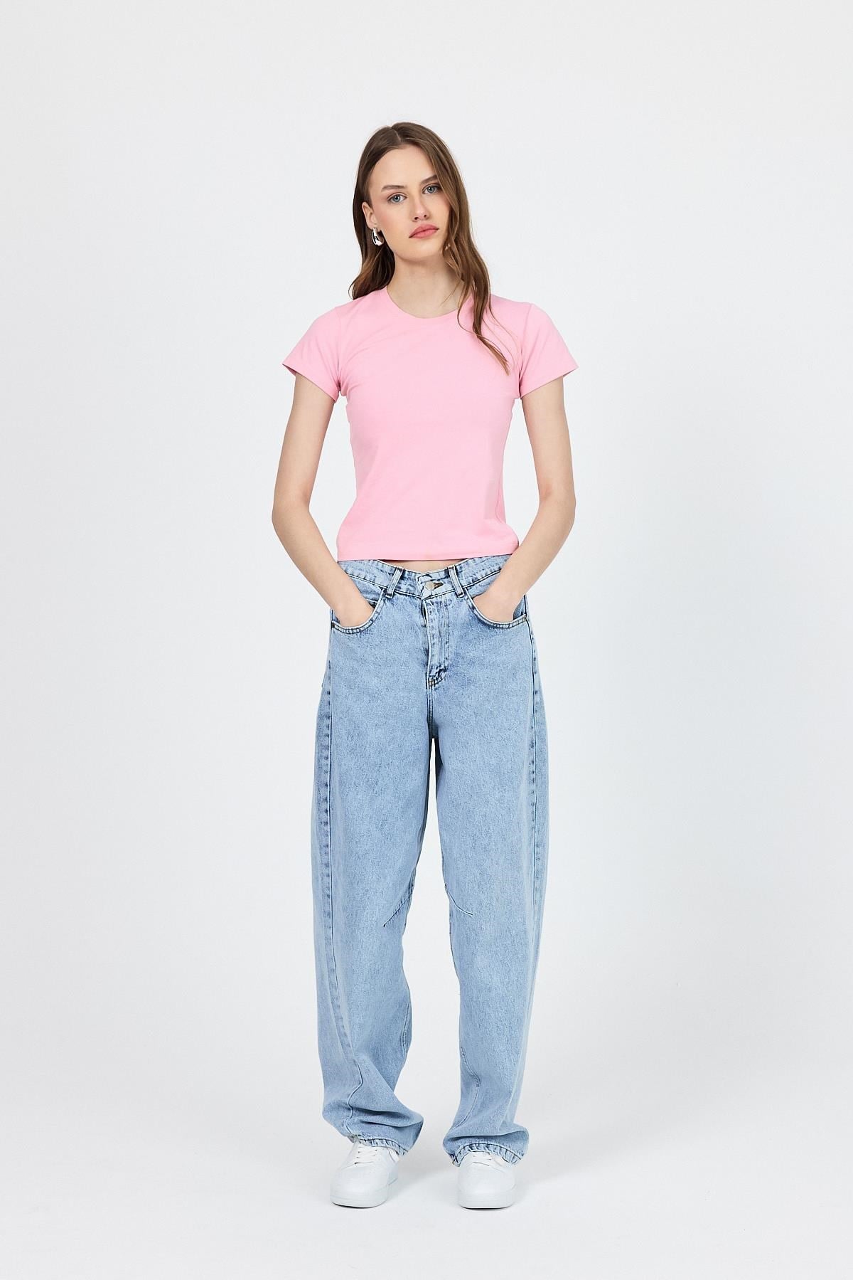 Pembe Slim Fit Bisiklet Yaka Kısa Kollu Tişört 2214